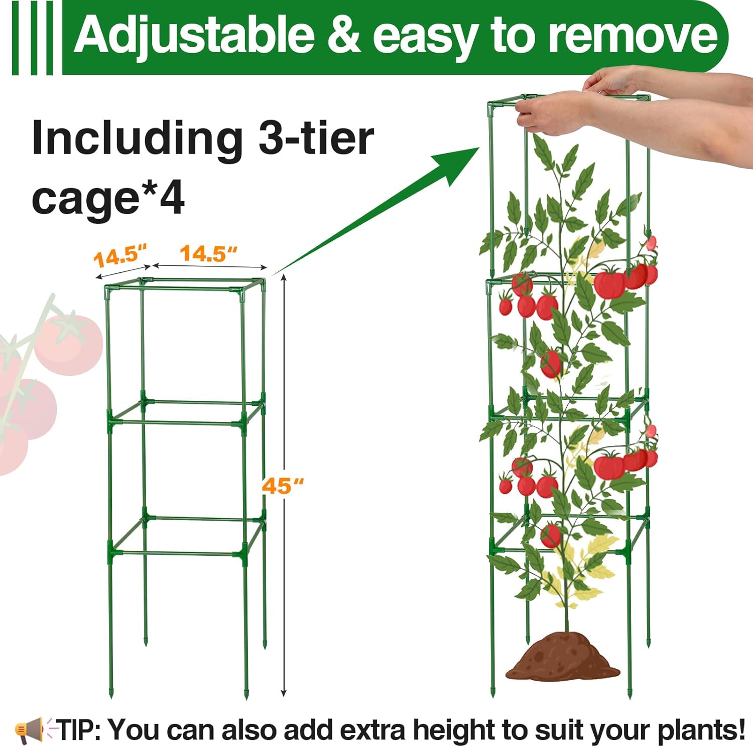 PAMASE Tomato Cages for Garden - 45x14.5x14.5in Square Tomato Plant Support Pole, Heavy Duty Steel Plant Tower Stakes Cucumber Trellis for Climbing Vegetable Flowers Fruits, 4 Pack