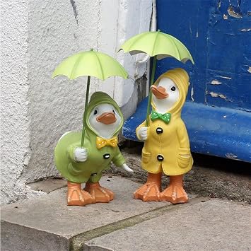 Set of 2 Adorable Duck Figurines with Raincoat & Umbrella Resin Decorative Statue for Home, Garden, Yard, and Indoor Decor Cute & Whimsical Animal Ornament Unique Gift for Kids & Women