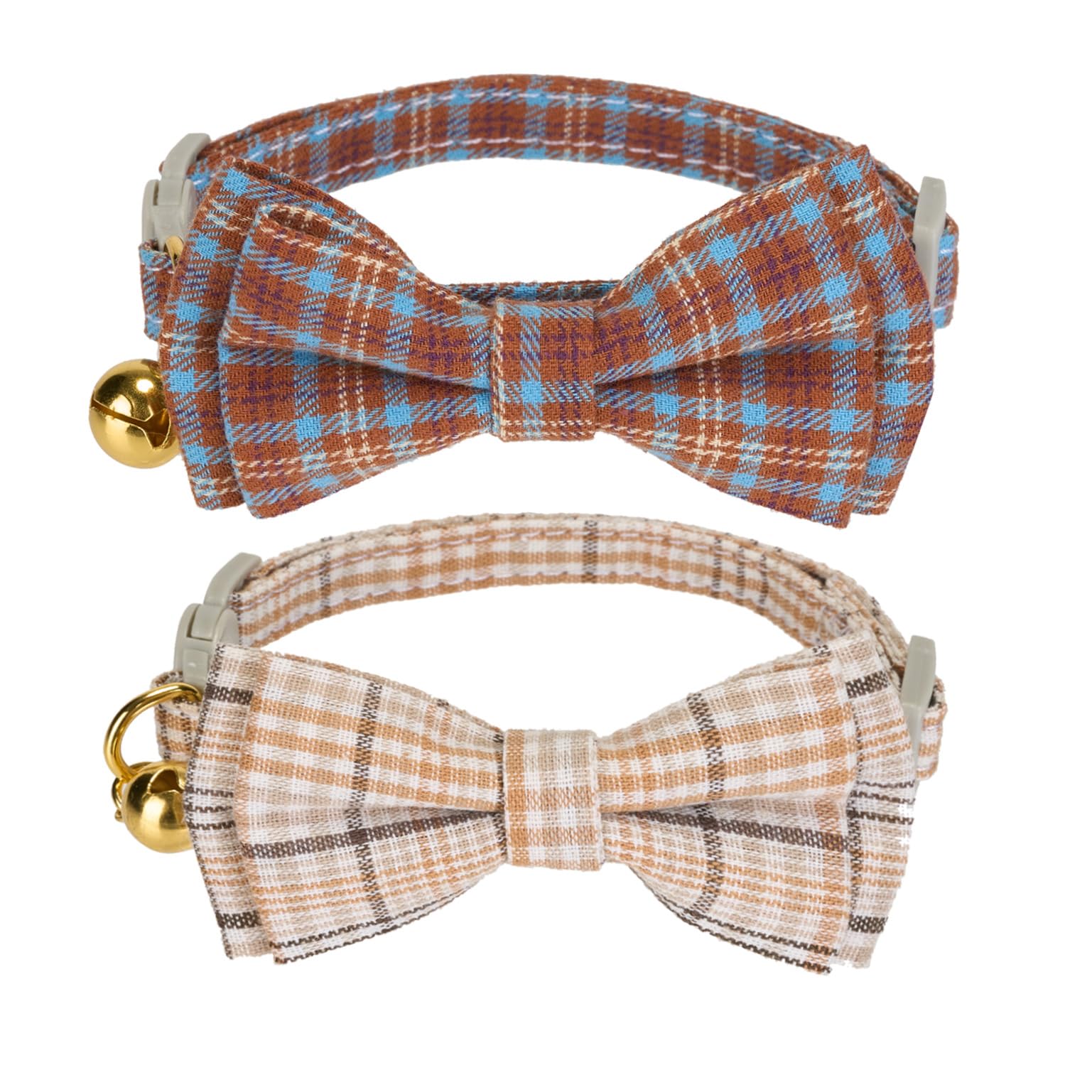 Lot de 2 colliers en coton doux pour chat avec nœud papillon et clochette - Motif écossais (beige et ambre)
