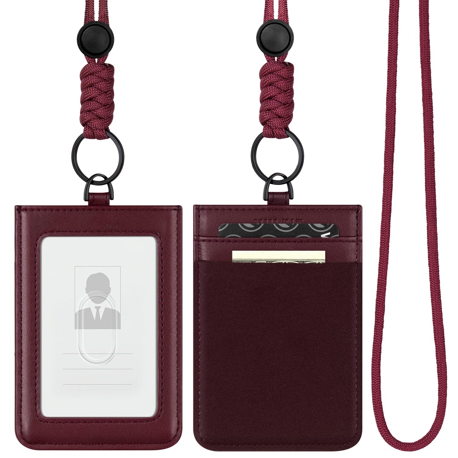 VULKIT ID Badge Holder with Lanyard for Women and Men Vertical Leather Badge Holder with Clear ID Window Card Holder Slot and Money Pocket
