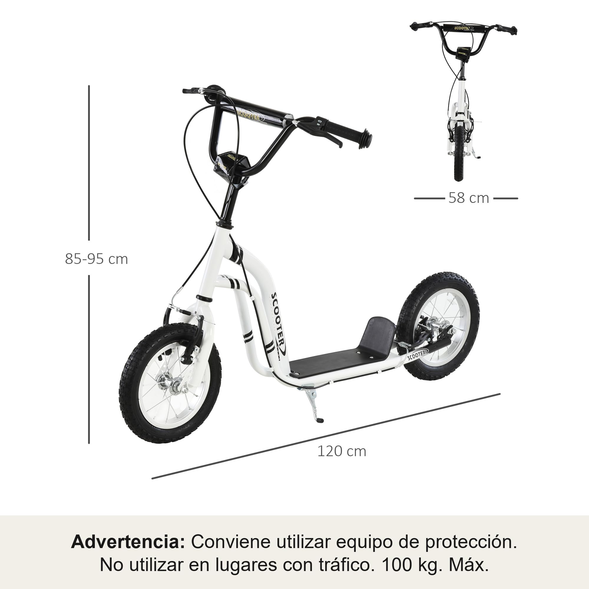 HOMCOM Patinete con Frenos Mayores de 5 Años 120x58x85-95 cm Blanco | para Niños, Scooter, 2 Neumáticos Inflables de Caucho, Manillar Ajustable, Pedal Antideslizante
