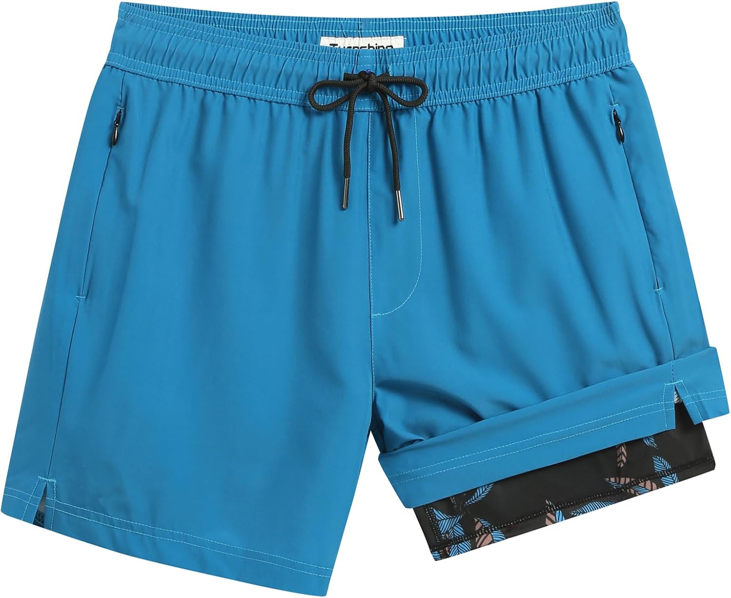 Mens Swim Trunks with Compression Liner 5" Stretch Beach Shorts Quick Dry Bathing Suit Board Shorts Zipper Pockets