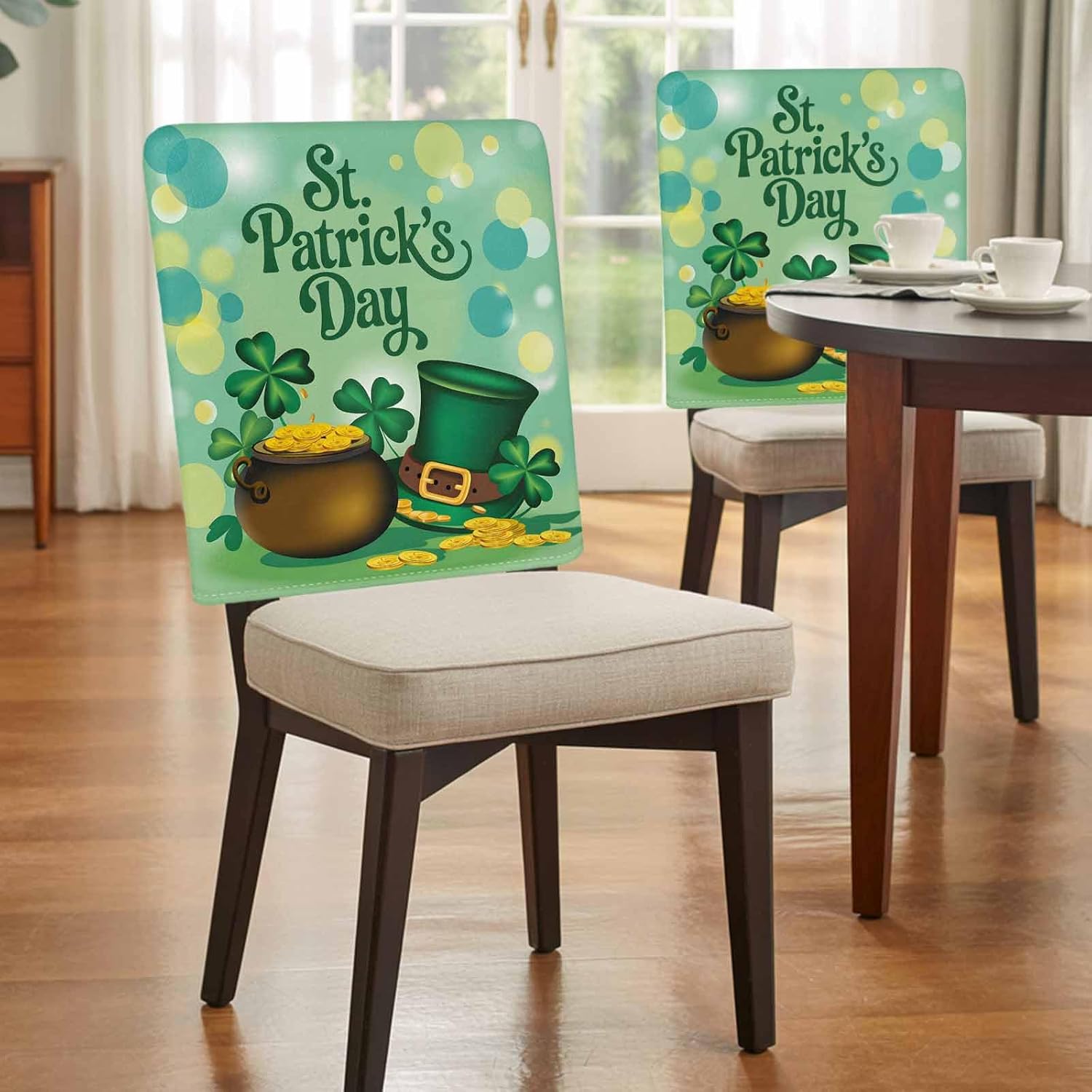 Savannan Dining Chair Back Covers, St. Patrick's Day Irish Leprechaun Hat Gold Coin Pot Shamrock Green Chair Covers Chair Slipcovers Protective Covers for Holiday Party Festival Decoration, Set of 4