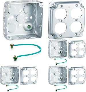 4 Set 4" Metal Electrical Box Outlet Box with Exposed Work Cover Grounding Wire and Screw Receptacle Galvanized Steel Metal Junction Boxes (2 Duplex)