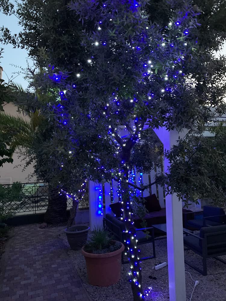 elume Guirlande de Noël lumineuse extérieure clignotante 34m, 750 LED blanches et bleues