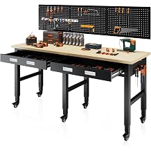 RexTact 72" Heavy Duty Workbench with Power Outlets, Pegboard & Storage Drawers, 5000 LBS Capacity Rolling Work Table with Wheels, Hooks & Rack for Garage, Workshop, Office, Home