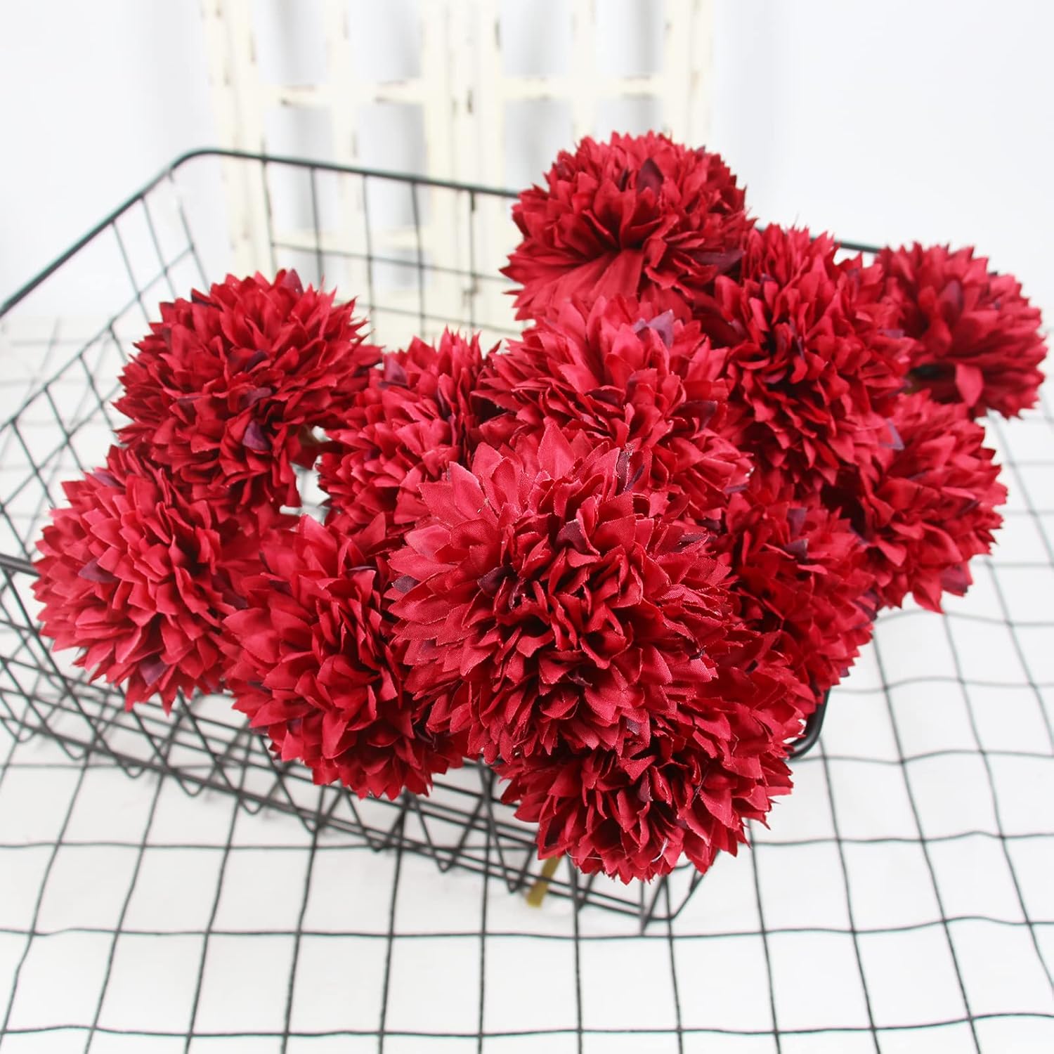 Tinsow 12Pcs Artificial Chrysanthemum Faux Red Ball Flowers Burgundy Fall Flowers for Christmas Autumn Farmhouse Home Decoration (12, Red) - Image 5