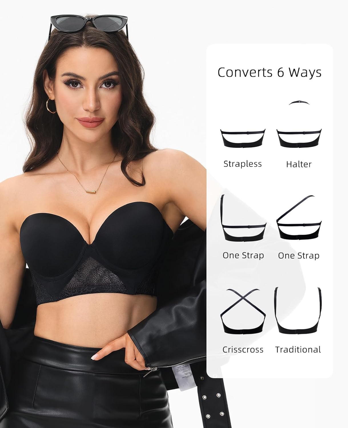 Strapless Longline Bra for Women Convertible Multiway Lace Corset Lift Up Bras Underwired Plus Size Black, 38C - Image 4