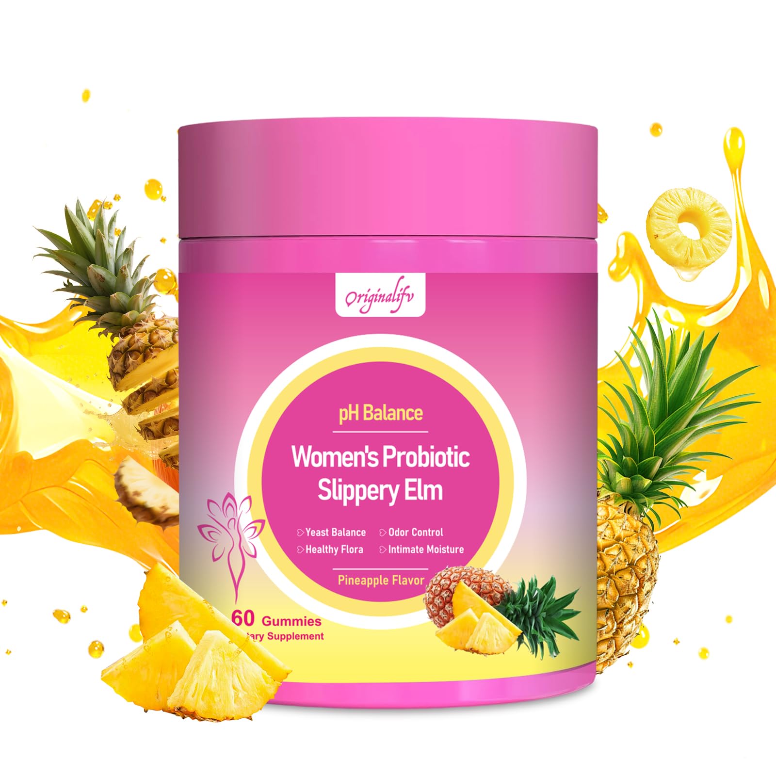 Women Probiotics Gummies, 60 Vegan Sugar-Free Hawaiian Pineapple Gummies with Slippery Elm Cranberry Lactobacillus Blend, 4-in-1 Feminine pH Balance Gut Immune Vaginal Health