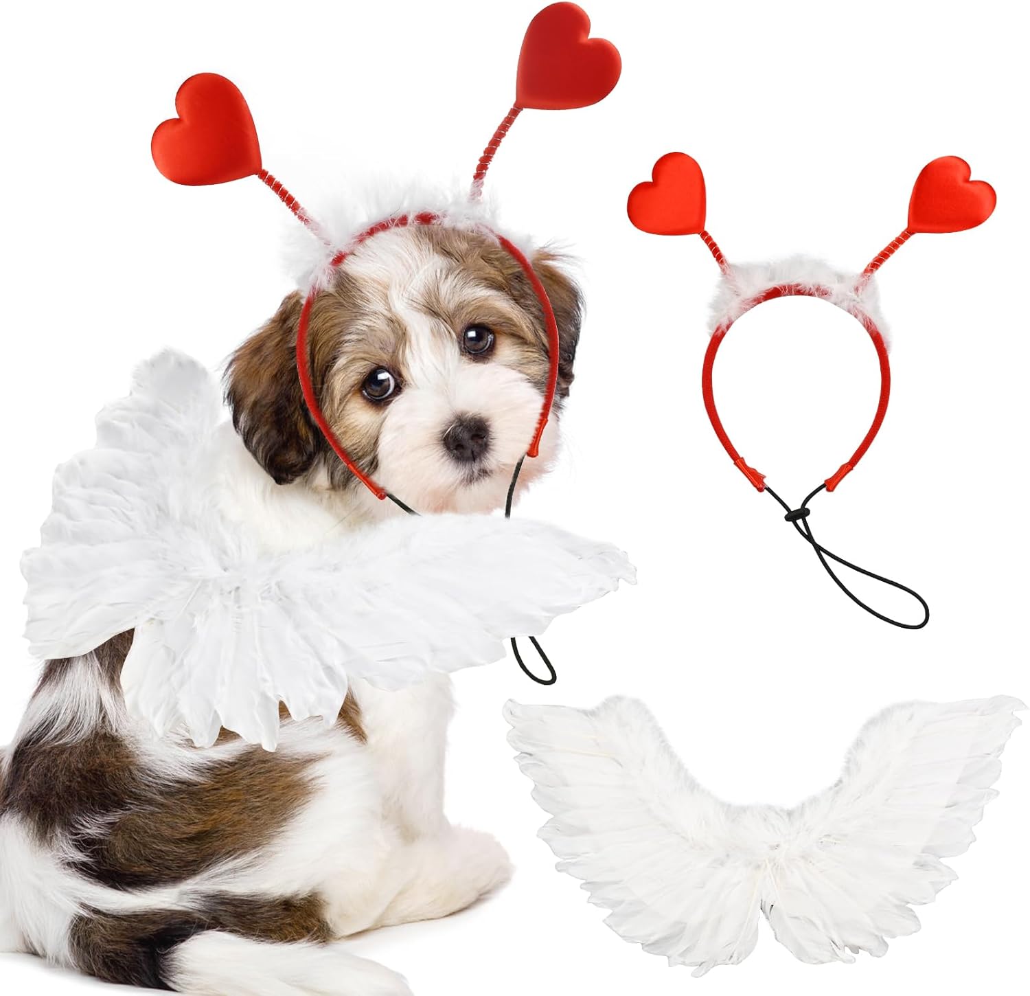 Dog Sweeat Heart Headband Valentin's Day Costume Set with White Feather Wing Heart Headband Love-Themed Dog Outfits for Medium to Big Dog Breeds Heart One Size