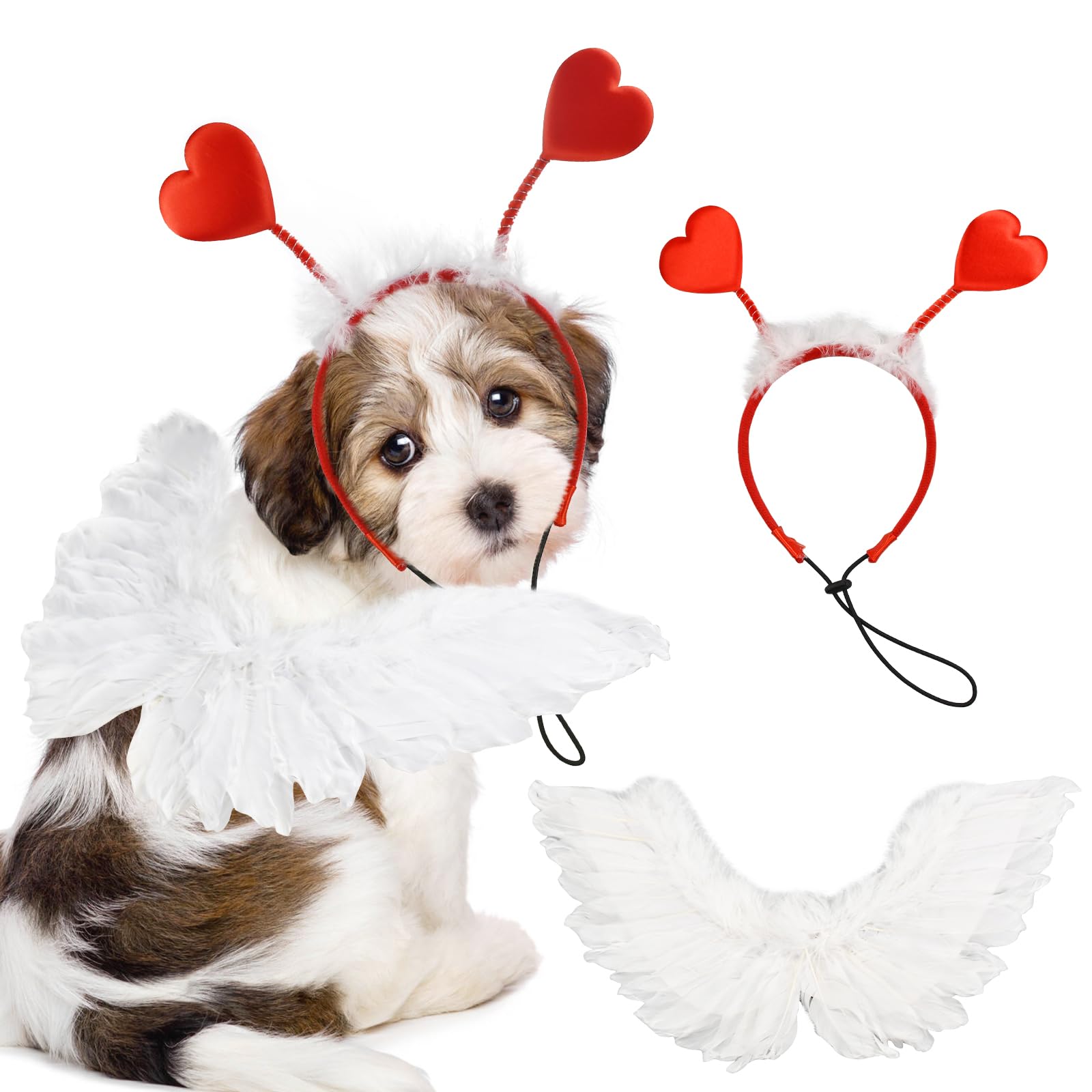 ShuRung Dog Sweeat Heart Headband Valentin's Day Costume Set with White Feather Wing Heart Headband Love-Themed Dog Outfits for Medium to Big Dog Breeds