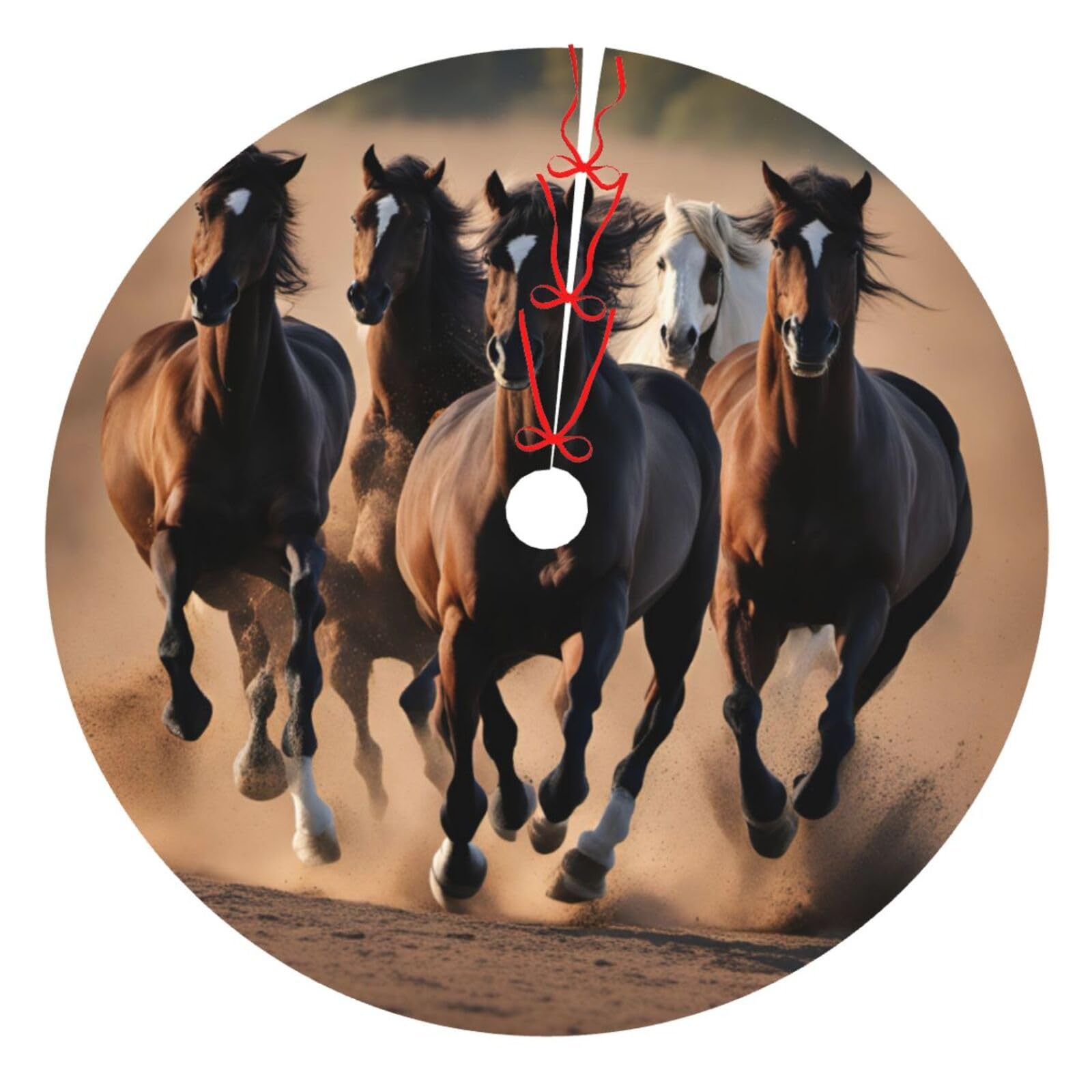 Jupe de sapin de Noël avec imprimé chevaux tapis de décoration durable de style traditionnel
