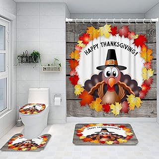 Ansouyi 4Pcs Bathroom Shower Curtain Sets with Non-Slip Rugs, Toilet Lid Cover and Bath Mat, Happy Thanksgiving Turkey on Wooden Durable Waterproof Shower Curtain for Bathroom Set with 12 Hooks