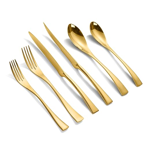 24-Piece Gold Silverware Set with Steak Knives,Forged 18/10 Stainless Steel Cutlery Set for 4,Modern Heavy Duty Flatware Utensils Set,Fork Spoon and Knives Set, Mirror Polished,Dishwasher Safe