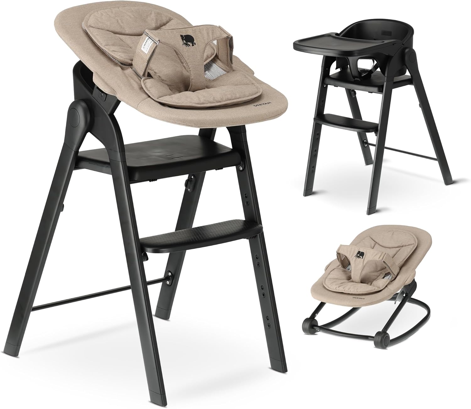 DERYAN Baby & Toddler High Chair – Foldable Wooden High Chair – Includes 5 Point Strap – Height Adjustable & Foldable – Includes Safety Belt & Tray – Black with Nougat Rocker