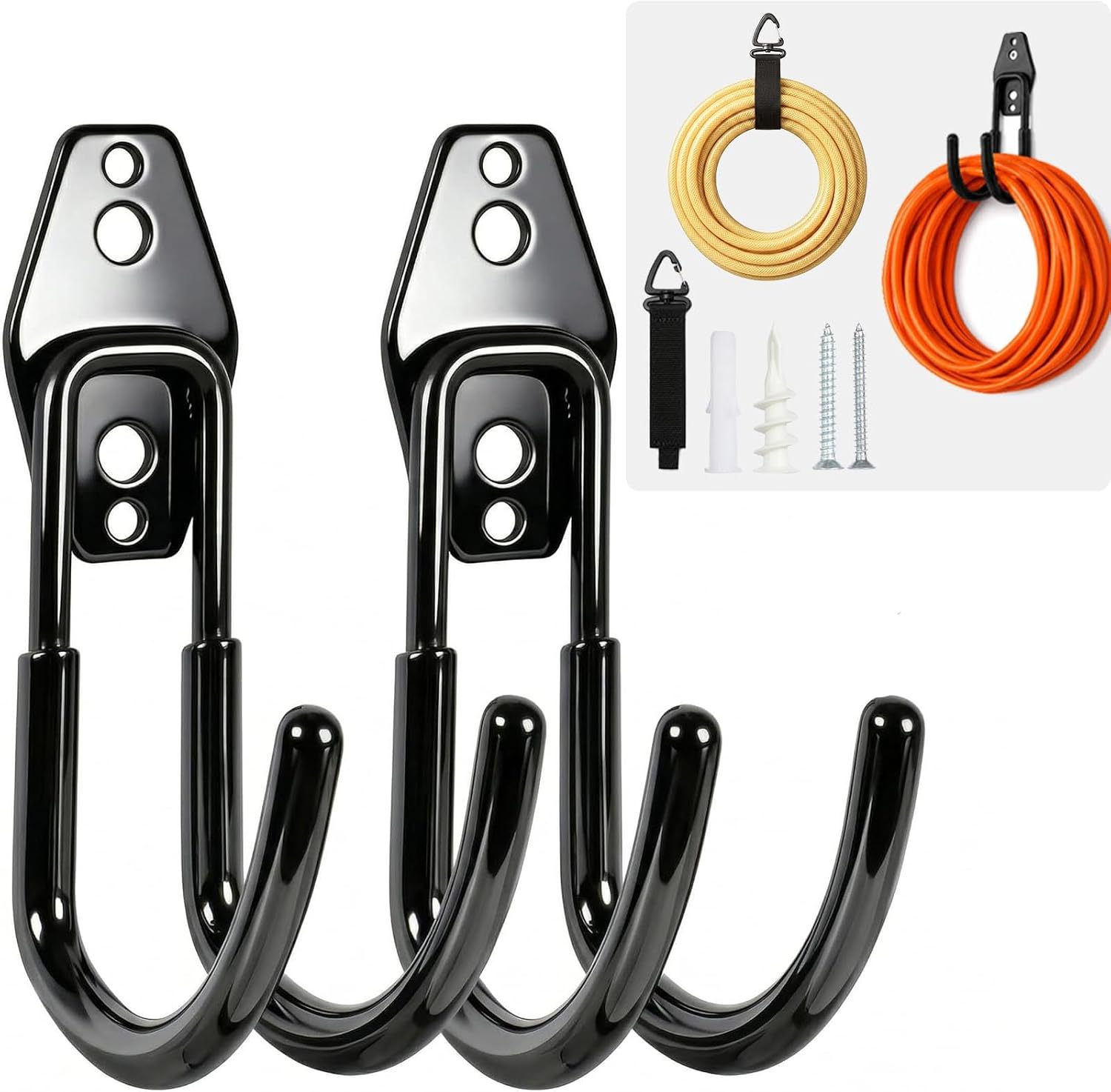 Hose Hanger Wall Mount 2 Pack,Heavy Duty Hose Holder with Screws Metal Hose Hangers for Outside,Hose Rack Suitable for Garage,Garden and Yard,Black