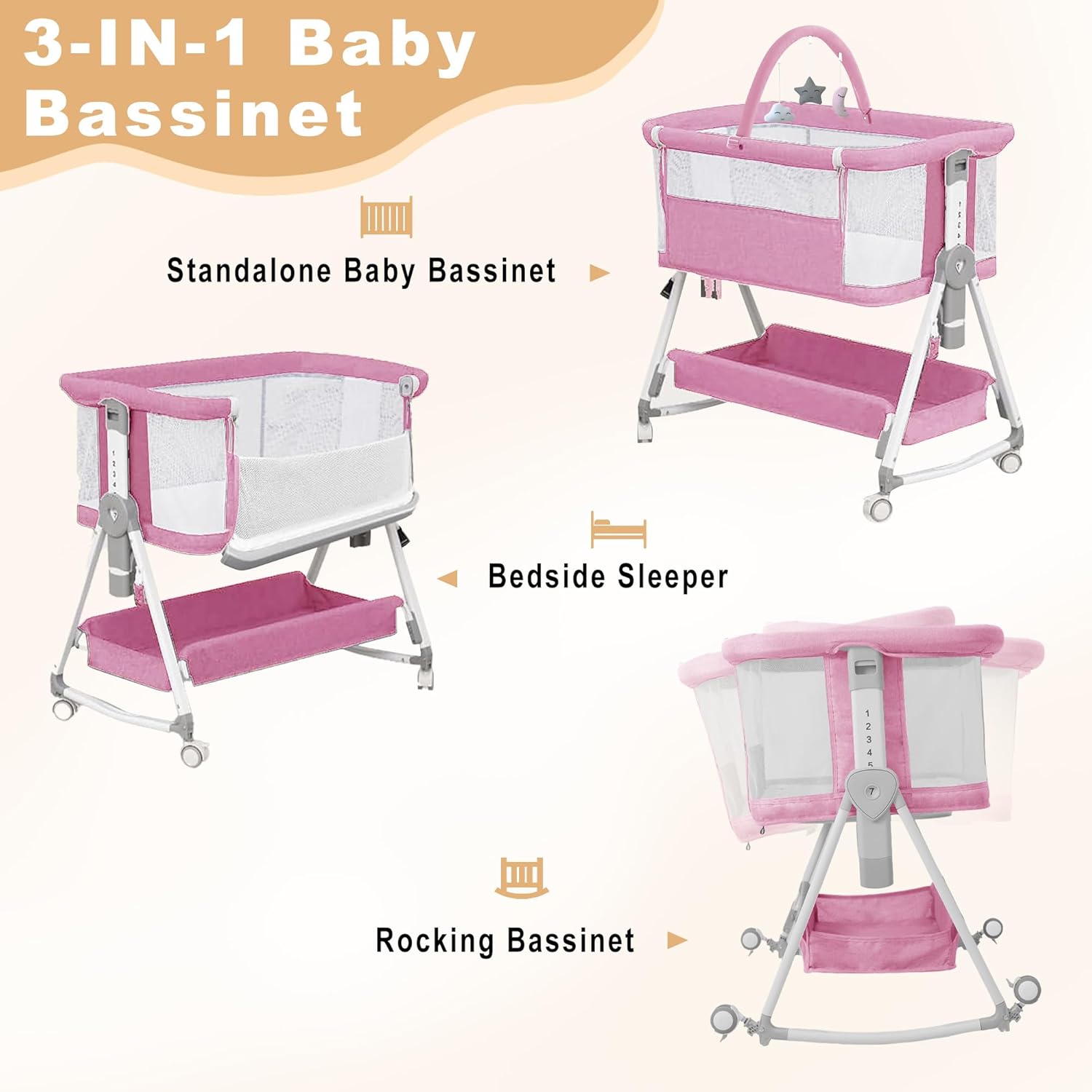 Baby Bassinet,3 in 1 Bedside Bassinet for Baby with Hanging Toys, Portable Foldable Baby Bassinets Bedside Sleeper,4-Sided Mesh Bedside Crib with Wheels and Storage Basket,6 Height Adjustable (Pink)