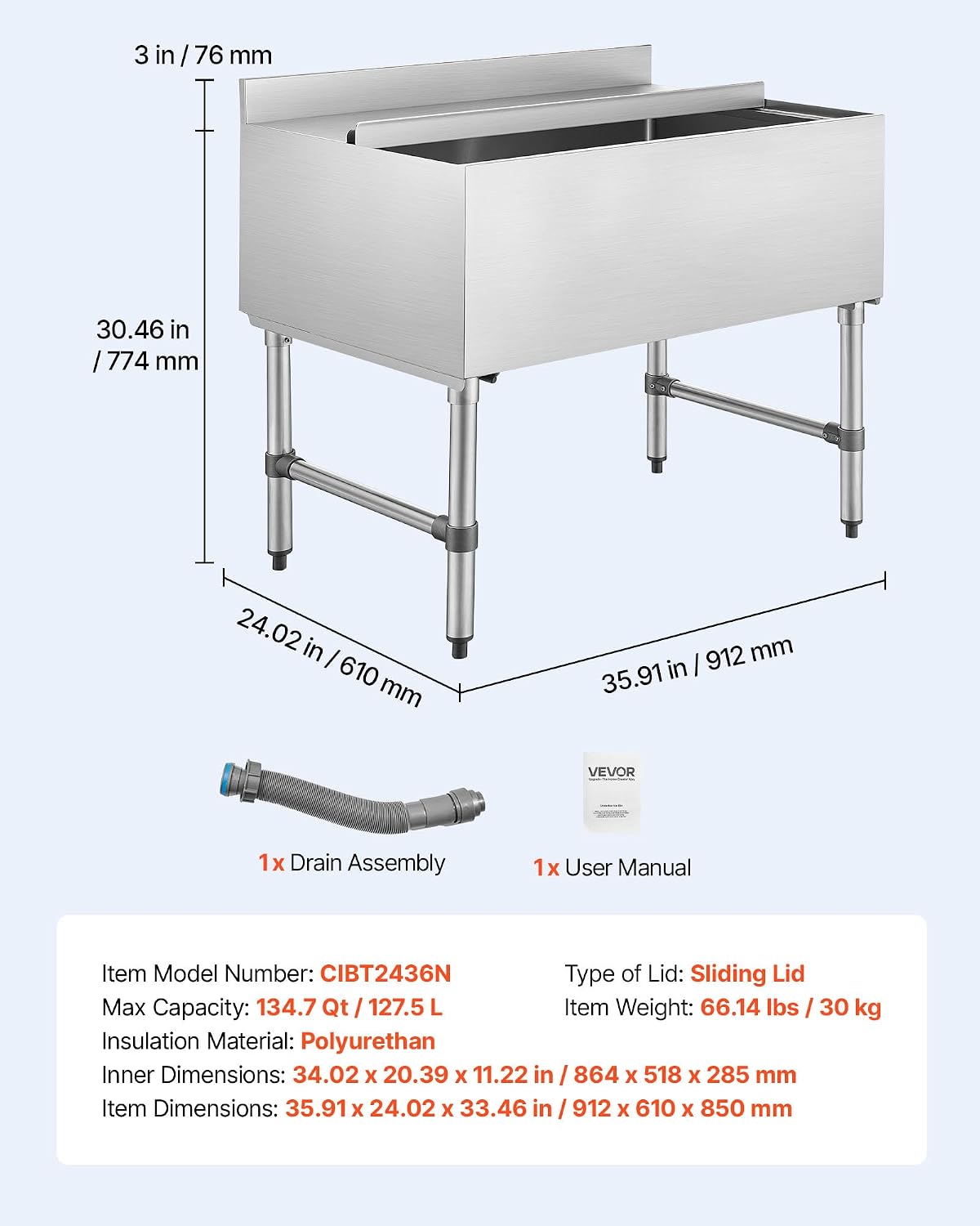 VEVOR Commercial Ice Bin Stainless Steel Ice Chest with Sliding Lid, 24H Long-Lasting Insulation, Cooler Cart Cocktail Unit for Bar Restaurant Pub, NSF, 24 Inch
