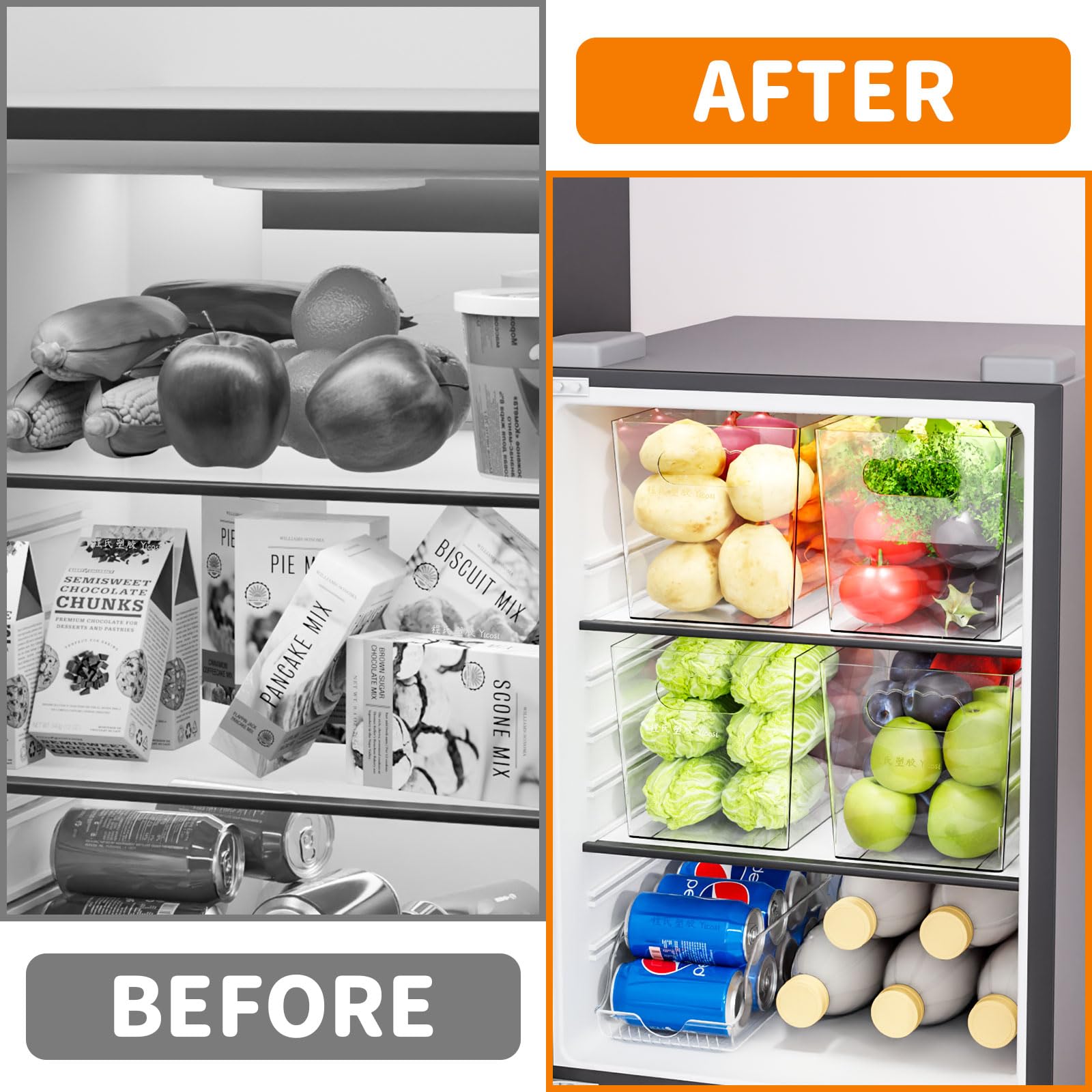 Paquete de 6 contenedores de plástico transparente para organizar, con asa, contenedores organizadores grandes de despensa de 11 pulgadas para estantes, aperitivos, alimentos o suministros de limpieza