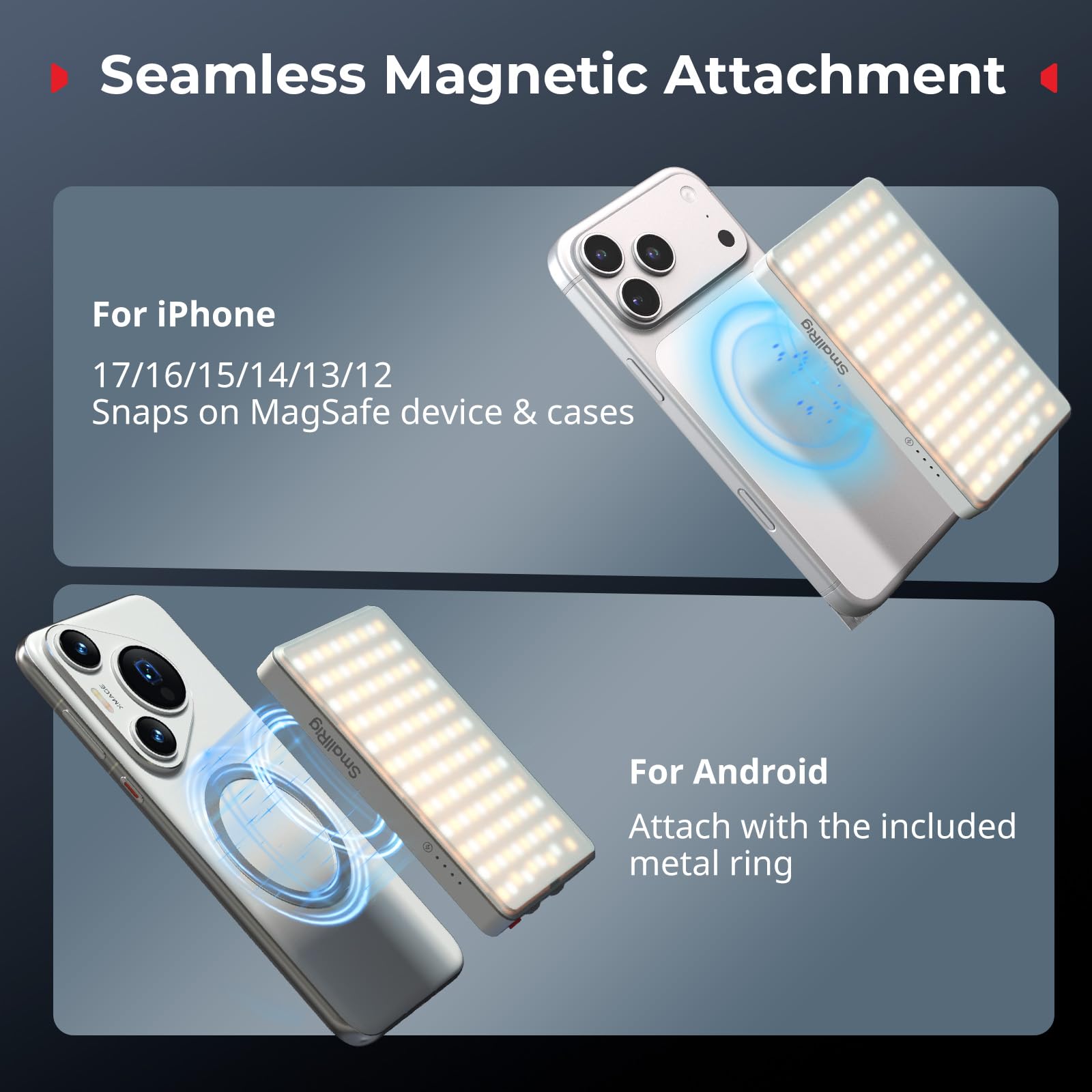 SMALLRIG M3 Magnetisches Selfie-Telefon-LED-Videolicht mit Clip, 120 LEDs 2000mAh Wiederaufladbar, 2700K – 6500K, Tragbares Clip-on-Fülllicht für iPhone, für iPad, Kamera/Laptop (Weiß) – 5640