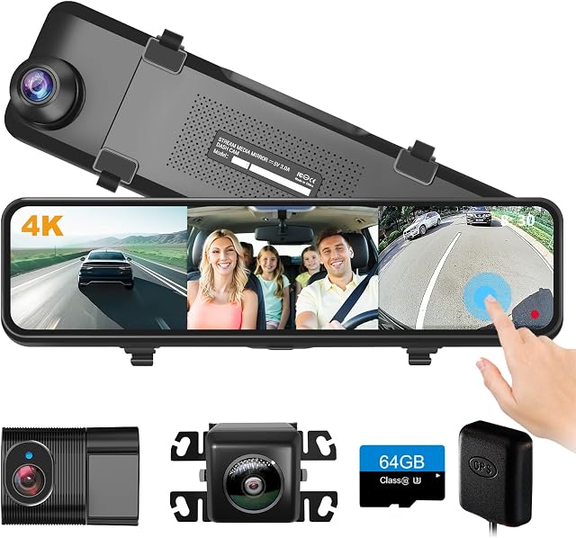 11" 3-Channel Mirror Dash Camera,4K Front + 1080P Rear and Inside, IPS Touchscreen Triple Mirror Dash Cam with GPS, Parking Assist, G-Sensor, Free 64GB Card