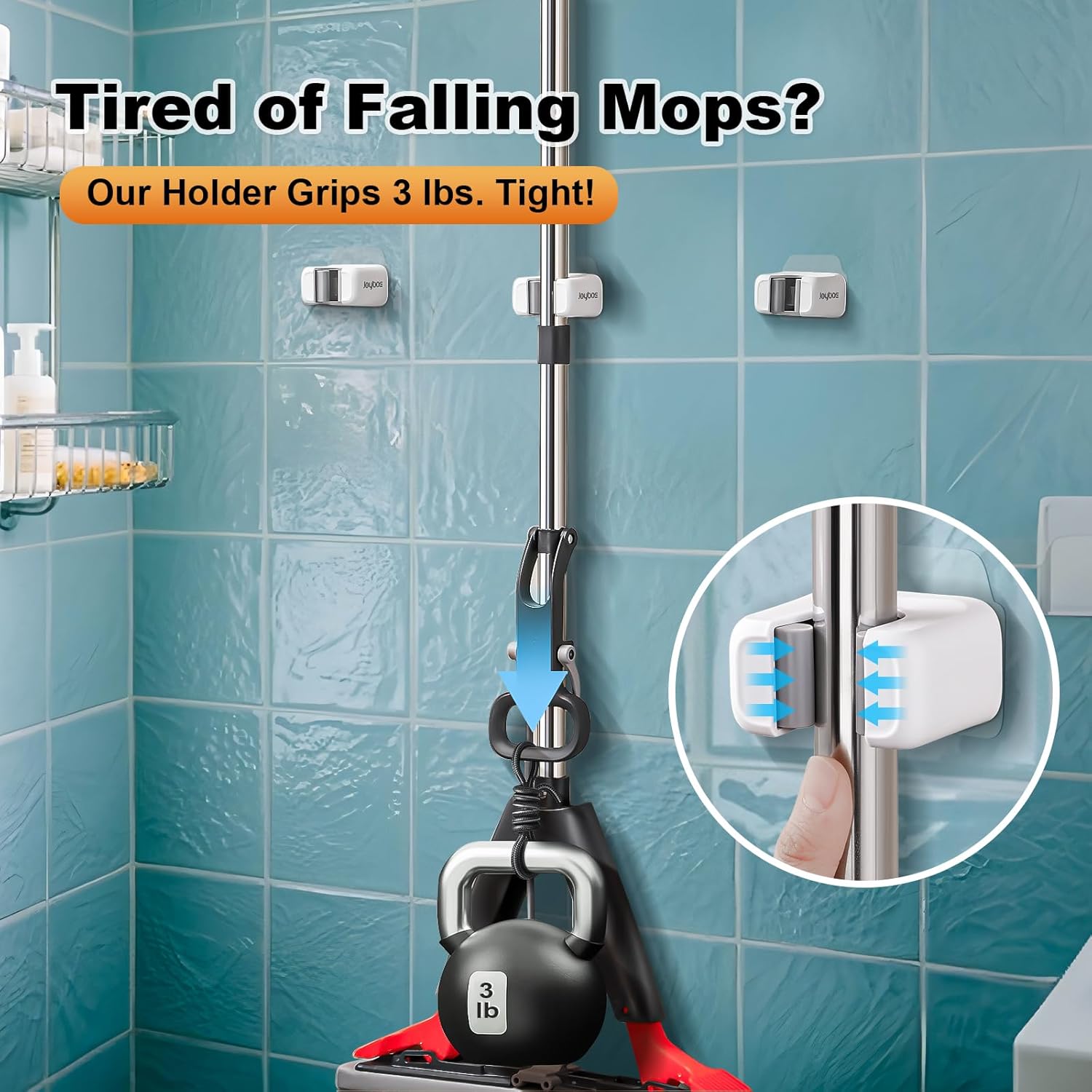 funest 6 Pack Mop and Broom Holder Wall Mount, No Drill Needed Self Adhesive, Non-Slip Mop Grippers for Tile Walls - Kitchen, Bathroom, Garage（White）