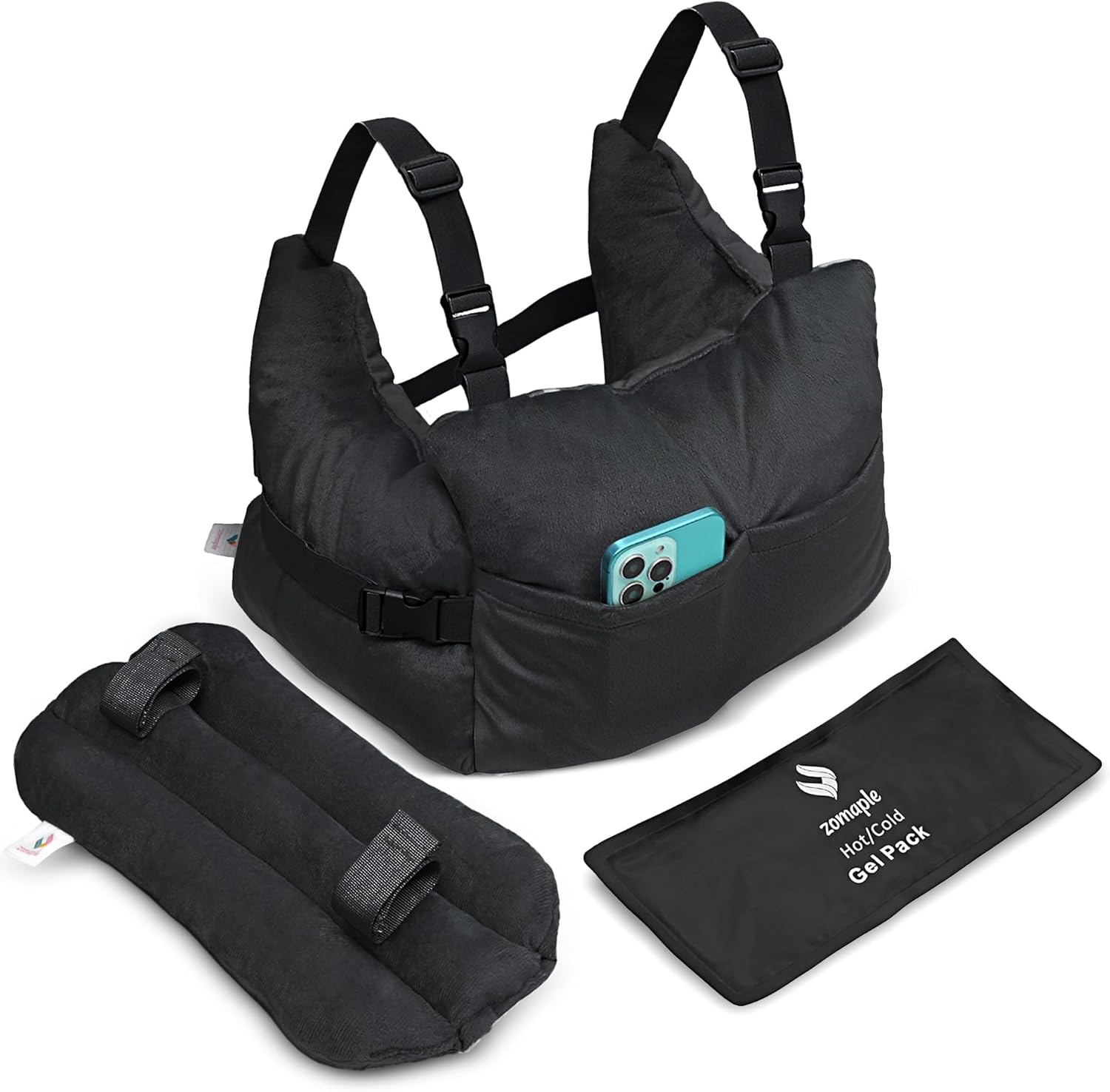 Zomaple Mastectomy Recovery Pillow + Strap & Seat Belt Cover - Post-Op Essentials, Breast Augmentation/Reduction & Mastectomy Recovery Supplies - Washable Cover for Comfort & Support Black Advanced Plus Set