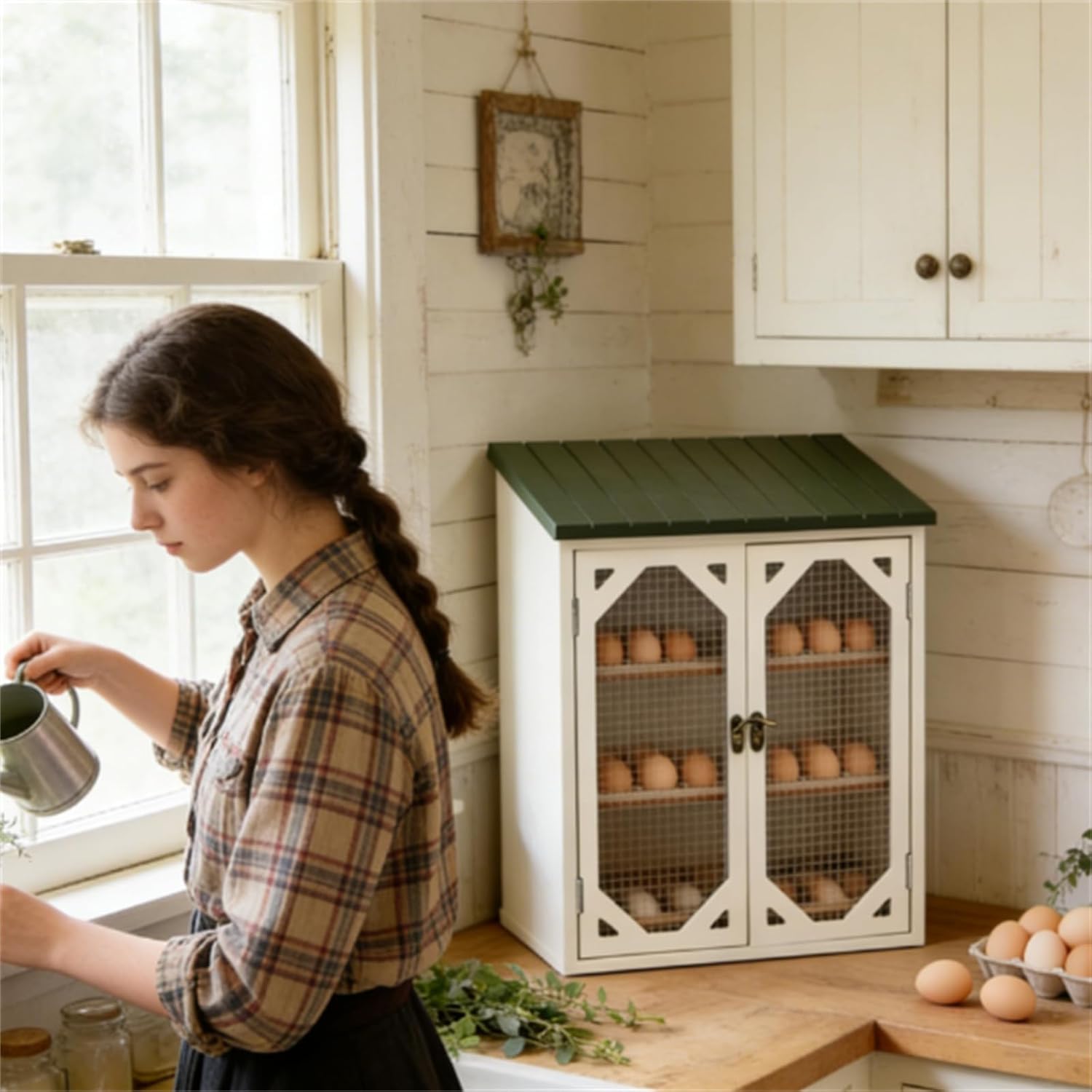 Farmhouse Egg Cabin, Egg Cabin with Double Doors, Fresh Egg Holder with Wire Mesh Window for Pantry Cabin Coop Farm, Decorative Farmhouse Organizer for Eggs Kitchen Decor (2set)