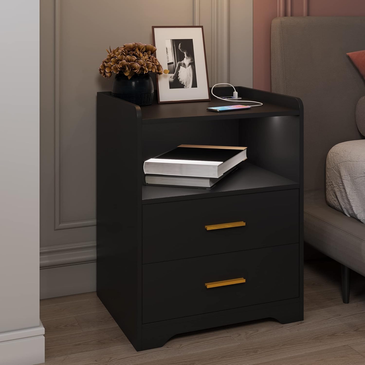 DNBSS Black Nightstand with Charging Station,Night Stands with 2 Drawers,Smart Nightstand Bedside Table Led Nightstand Black,Modern Side Tables Bedroom,Modern End Side Table for Living Room Office : Home & Kitchen