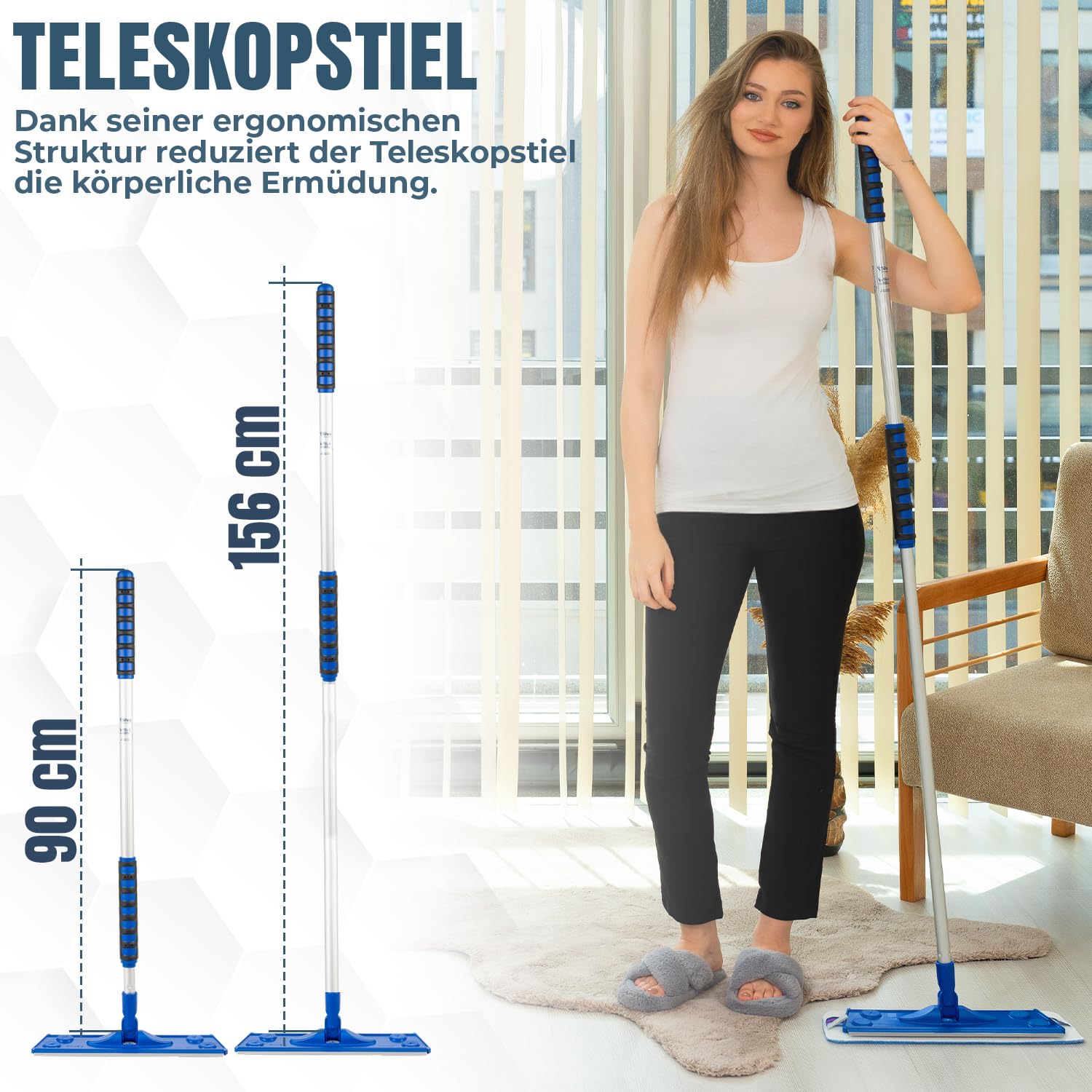 [Test SEHR GUT, Note 1.0*] Silva Ergonomischer Bodenwischer mit Teleskopstiel 90–156 cm | Mikrofaser Wischmopp Set mit 3 Bezügen (nass, trocken, Wand) | 360° Drehgelenk, für Fliesen, Parkett & Fenster
