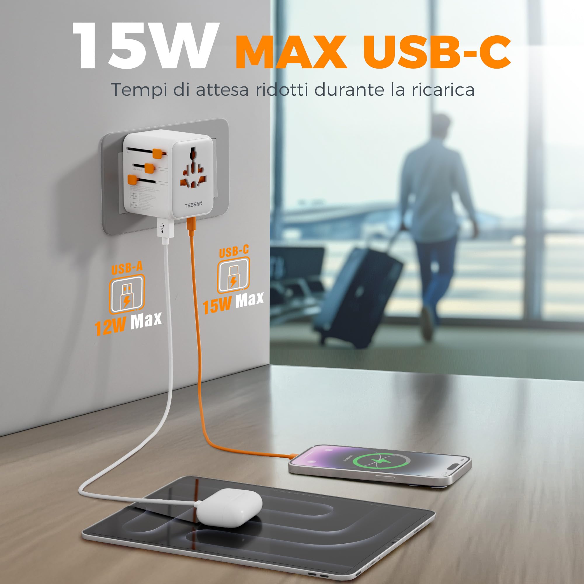 TESSAN Adattatore Universale da Viaggio con 2 USB C e 2 USB A, Presa per Spina Internazionale
