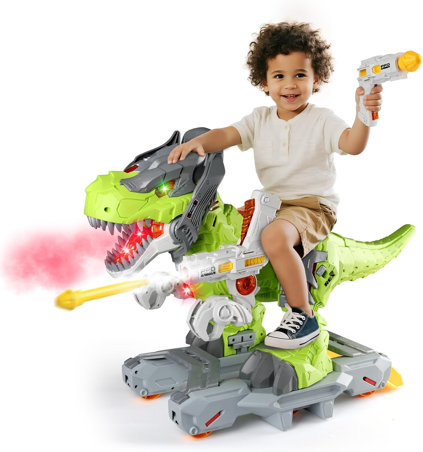 BLF FUN Baby Dinosaur Ride On Toy Cars with Light, Music, Smoke & Launcher