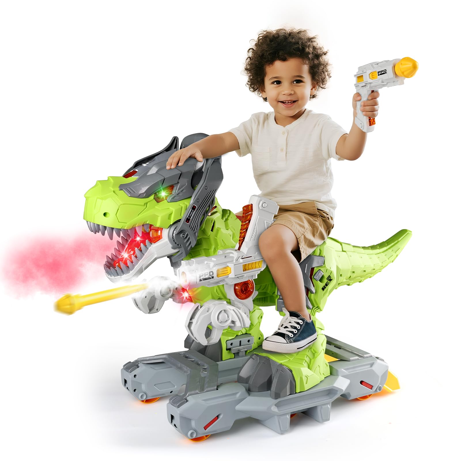 Baby Ride On Toy Cars, Toddler Electric Dinosaur Push Riding Car with Light Music, Smoke & Launcher Toy, Preschool Kids Scooter Foot-to-Floor Ride On Toy, Christmas Birthday Gifts for Kids