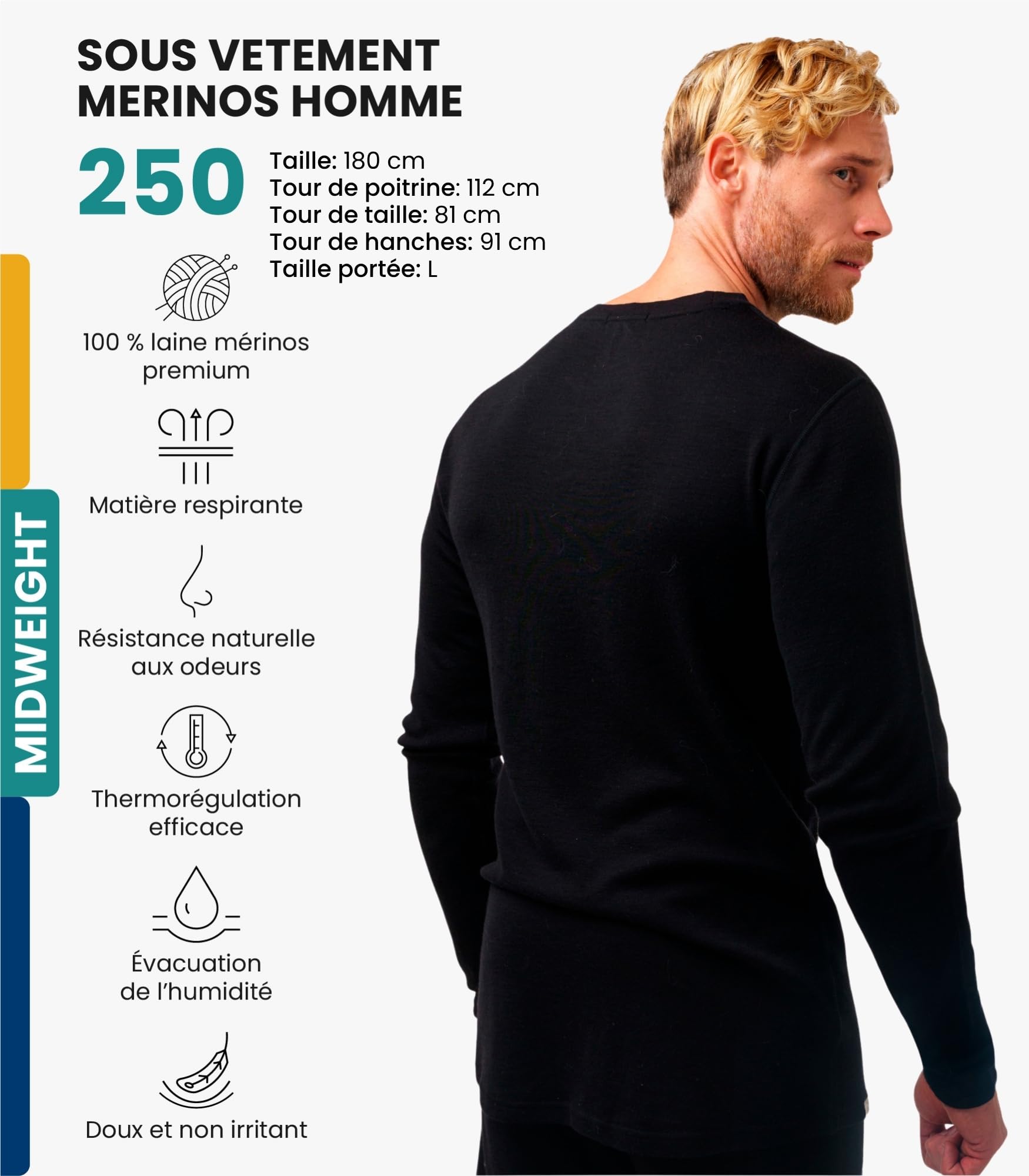 Merino.tech Chemise Homme Manches Longues 100% Merinos - sous Vetement Merinos Homme Lourd, Moyen, Léger avec Chaussettes - 2