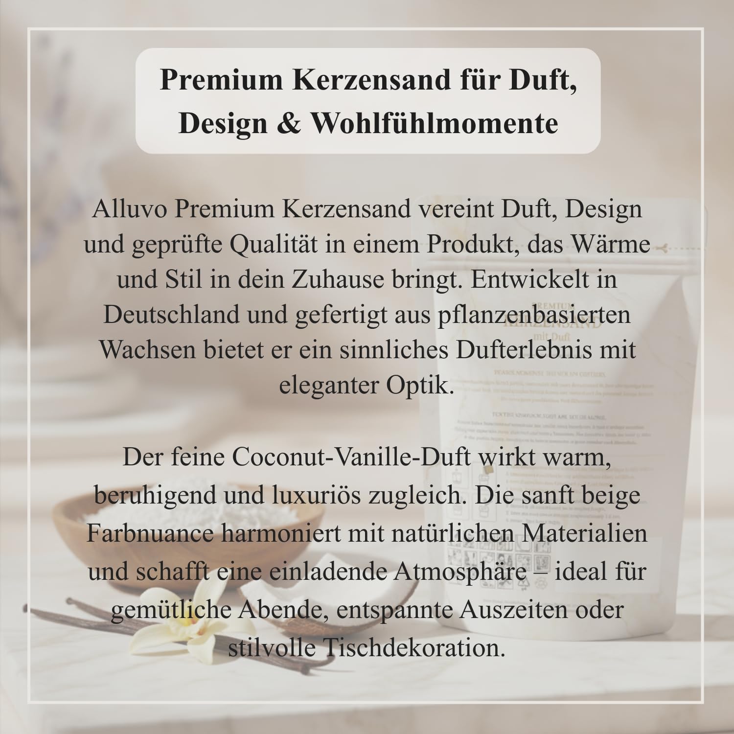 Premium Kerzensand Vanille Kokosnuss 450 g, Duftkerzen-Sand beige inkl. 8 Dochte, pflanzenbasiertes, rußarmes Vanilla Coconut Duft Wachsgranulat, speziell geprüfte Qualität für saubere Raumluft