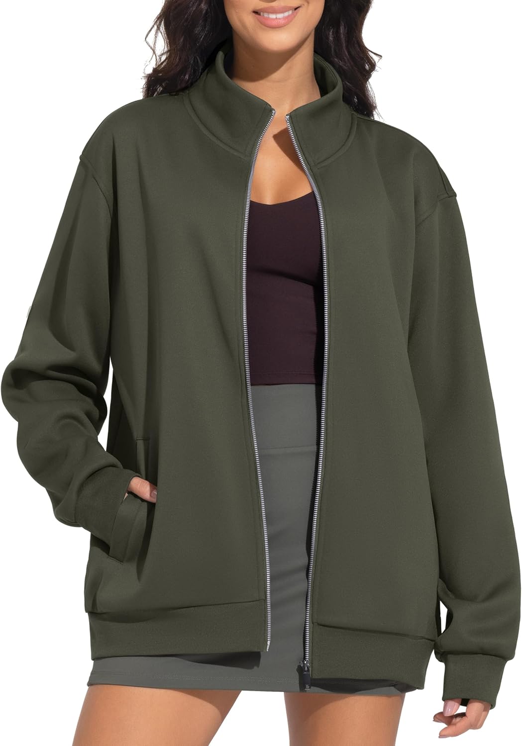 THE GYM PEOPLE Women's Oversized Full Zip Up Sweatshirts Fleece Long Sleeves Stand Collar Workout Jacket with Pockets - Image 8