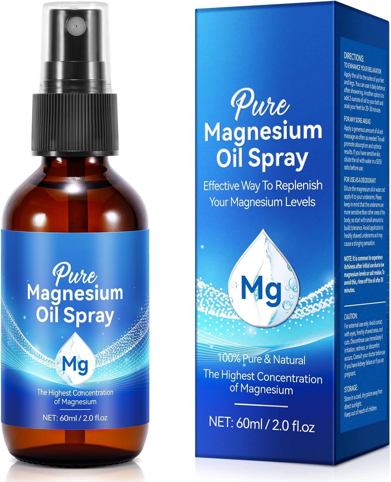 Pure Magnesium Oil Spray, Organic Topical Magnesium Spray Glass Bottle, 100% Pure & Natural Magnesium Oil, The Best Way to Get Magnesium, 2 fl oz