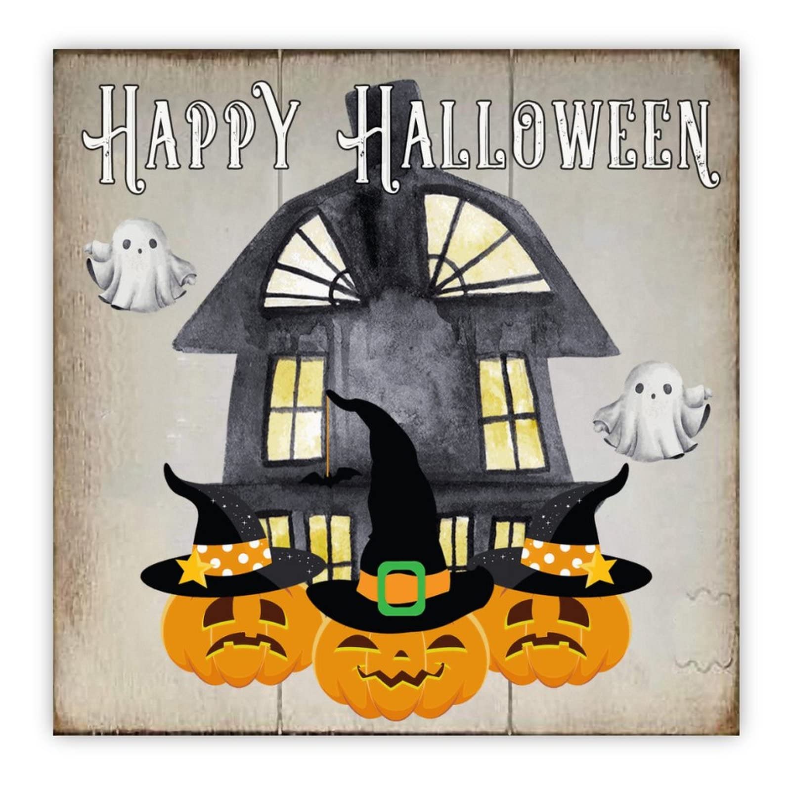 Panneau en bois Happy Halloween avec sorcière et citrouille décorative