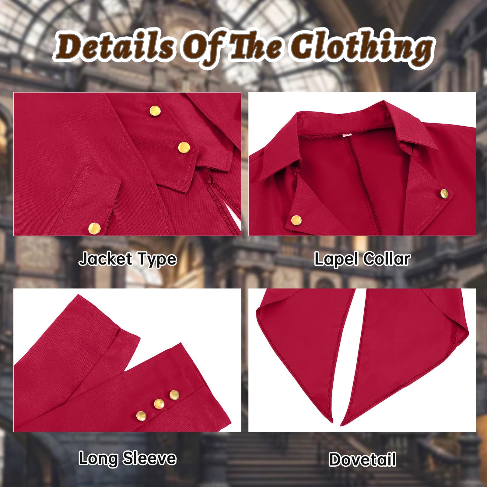 QEKFDOV Men's Steampunk Tailcoat,Medieval Gothic Victorian Frock Coat,Vintage Tailcoat Jacket Halloween Cosplay Costume (red, S) - Image 3