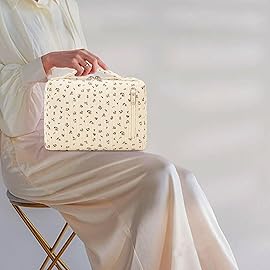 Bluboon Makeup Bag Zipper Pouch Travel Portable Cosmetic Bag Organizer for Women and Girls(Corduroy Yellow Floret)