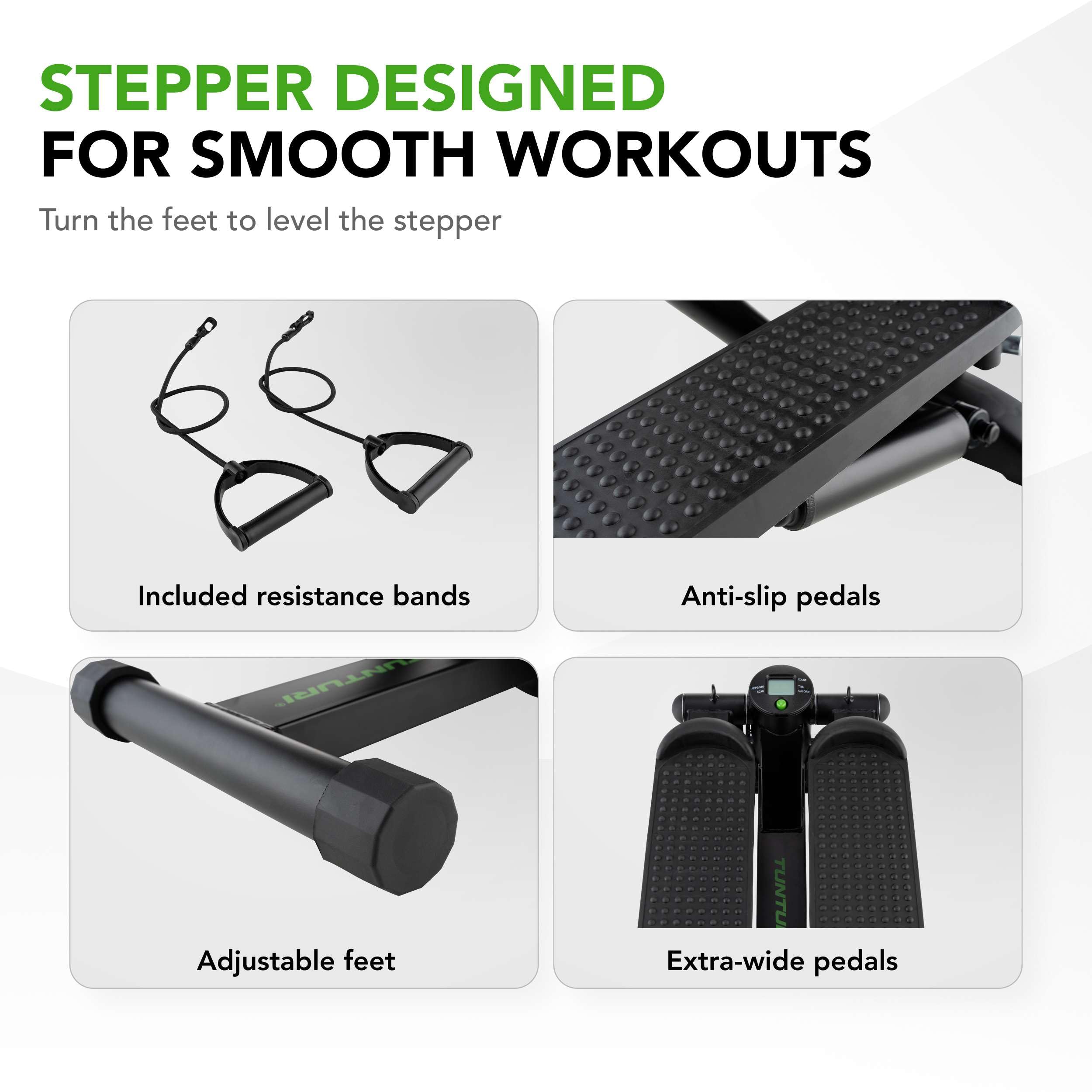 Tunturi Stepper – Stepper Fitness – Monte-escalier – Step Aérobic – Fitness – avec écran et Bandes de résistance – Noir
