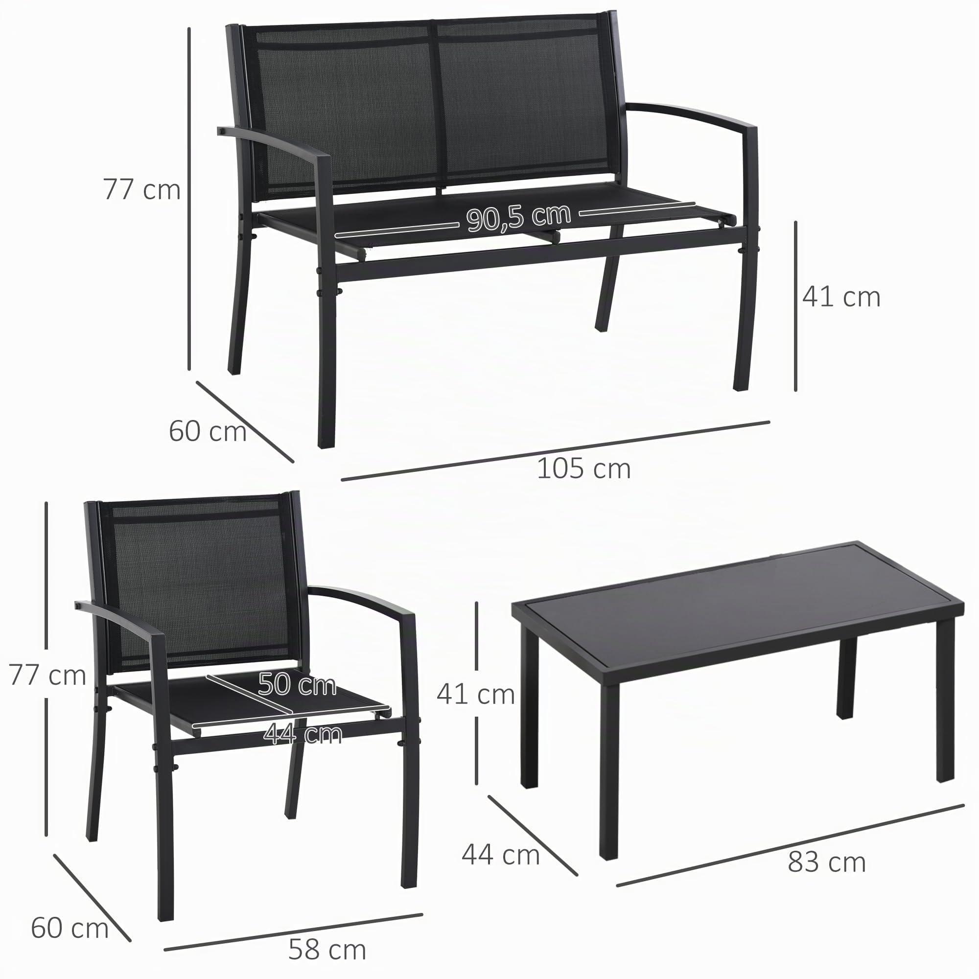 Outsunny Conjunto de Jardín Exterior 4 Piezas Muebles Jardín Exterior con 2 Sillones 1 Sofá de 2 Plazas y Mesa de Centro con Tablero de Vidrio Templado Negro