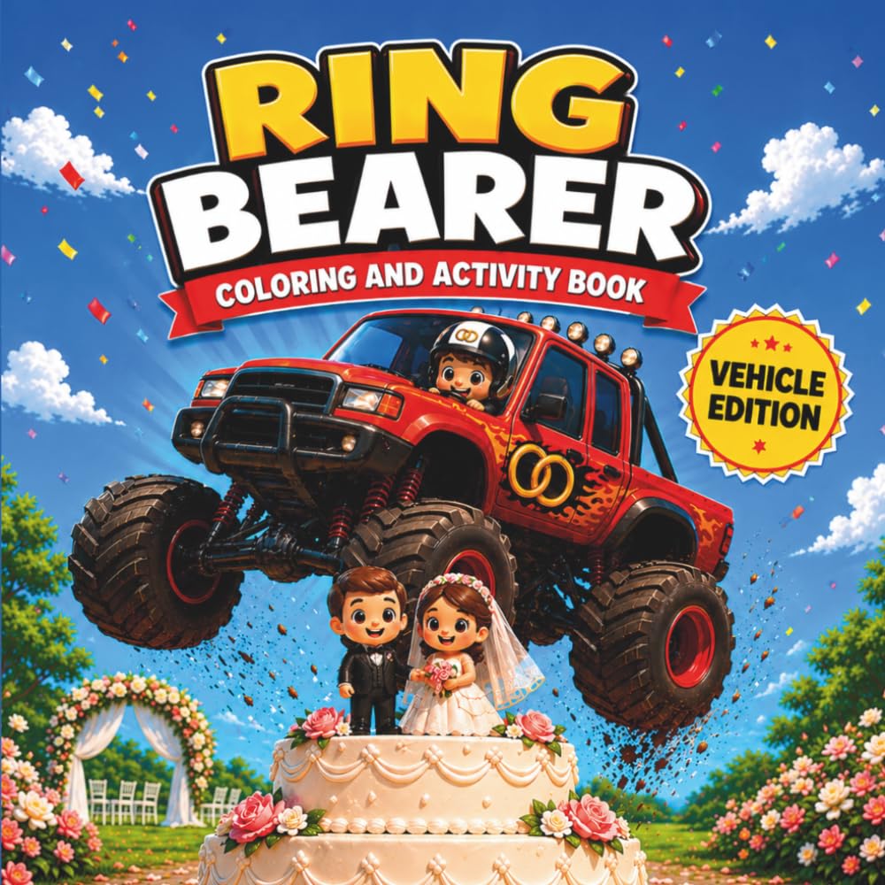 Ring Bearer Coloring and Activity Book: Monster Trucks, Cars & Wedding Activities to Keep Kids Busy, Reduce Nerves and Make Them Feel Proud and ... Fun, Easy Games and a Ring Bearer Certificate
