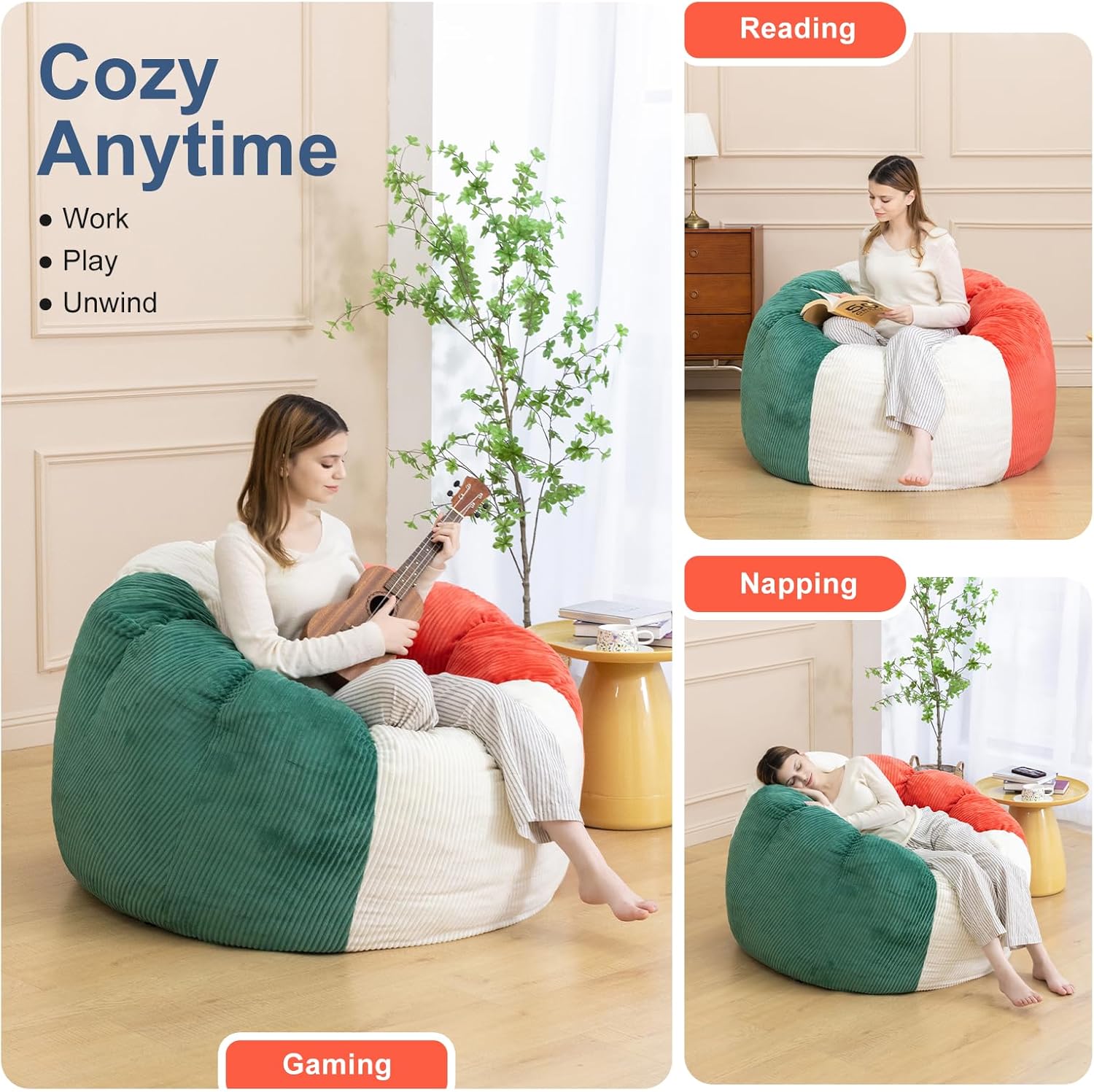 Giant Bean Bag Chairs for Adults,Memory Foam Firm Boneless Floor Gaming Chair Reading Chair,Colorful Plush Corduroy Cover,Comfy Chairs for Livingroom Bedroom Reading Nook Movie Night