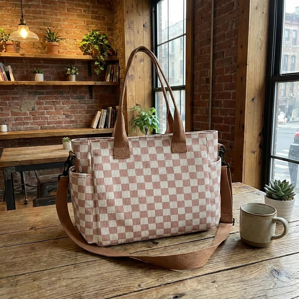 Checkered Multi-Pocket Tote Bag with Zipper, Large Capacity Shoulder Handbag with Detachable Strap