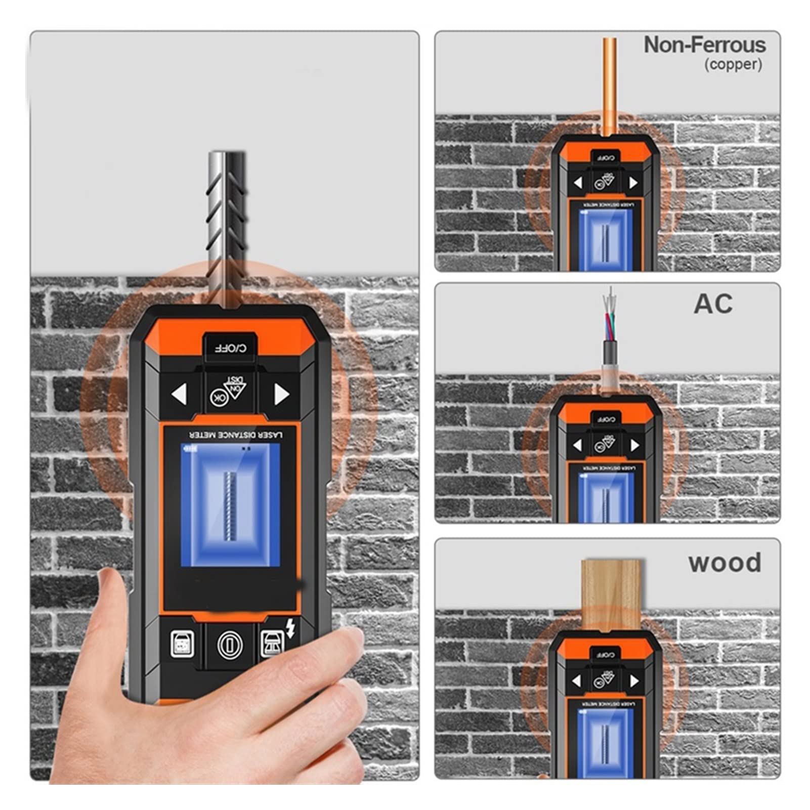 Detector de Metales Detector cableado medidor láser Multifuncional Alambre Escondido Metal Madera escáner Pared USB Cinta Digital Mango ergonómico