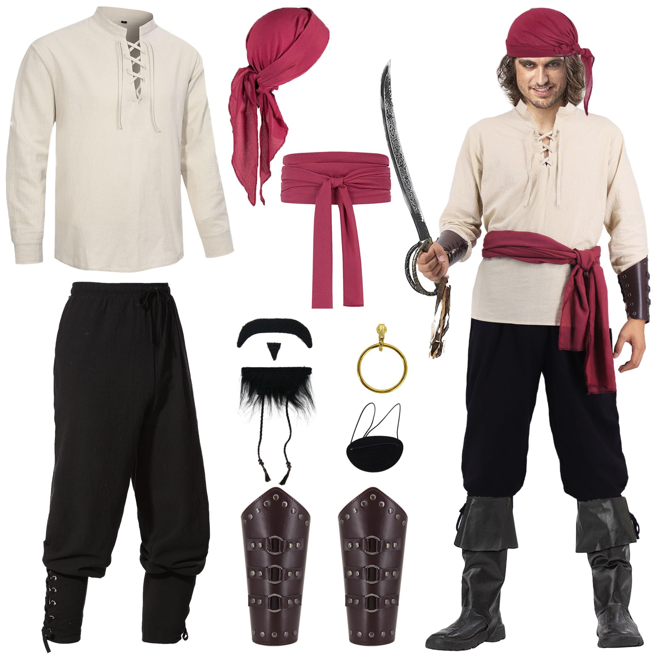 Mrsclaus Piratenkostüm Herren 8 Stück Mittelalter Kleidung Set Renaissance Viking Piraten Kostüm Hose Hemd mit Zubehör Augenklappe Kopftuch Gürtel Armschutz Goldohrring Kunstbart für Karneval