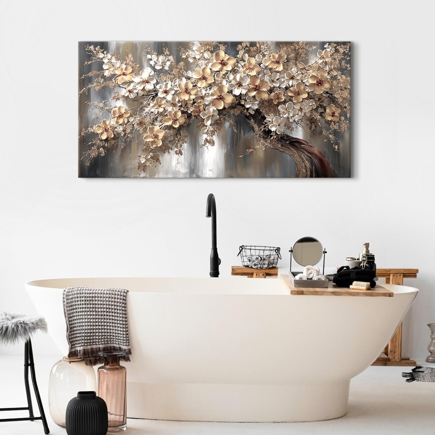 AREBOLO Baum des Lebens Leinwandbild 50x100 cm XL, Vintage Luxus Wanddeko Blumen Natur Wandbilder, Kunstdruck Canvas für Wohnzimmer Schlafzimmer Esszimmer, Weiß Gold Beige Wanddekoration als Geschenk