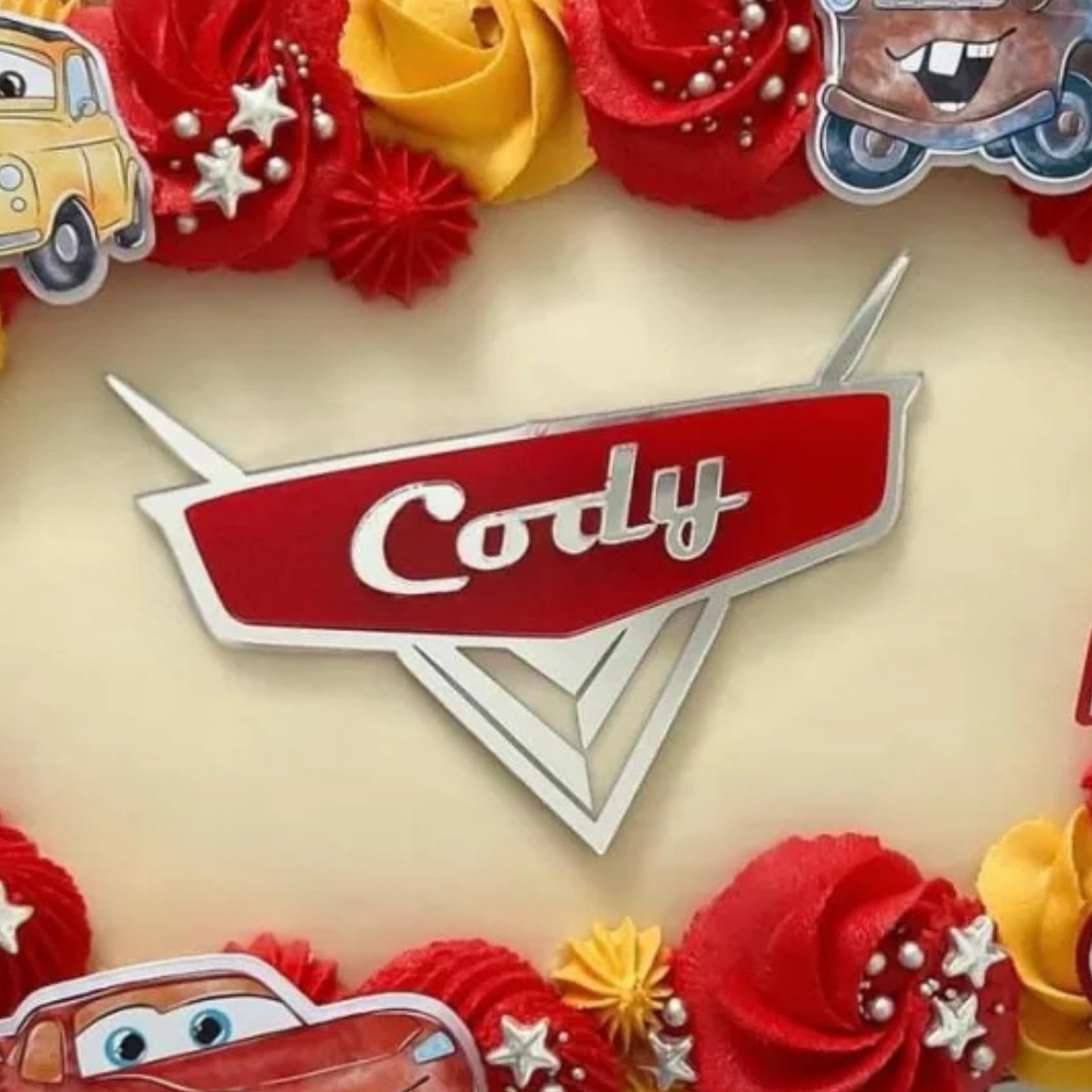 Personalised Silver and Red Cake Topper - Perfect for Car themed Partys