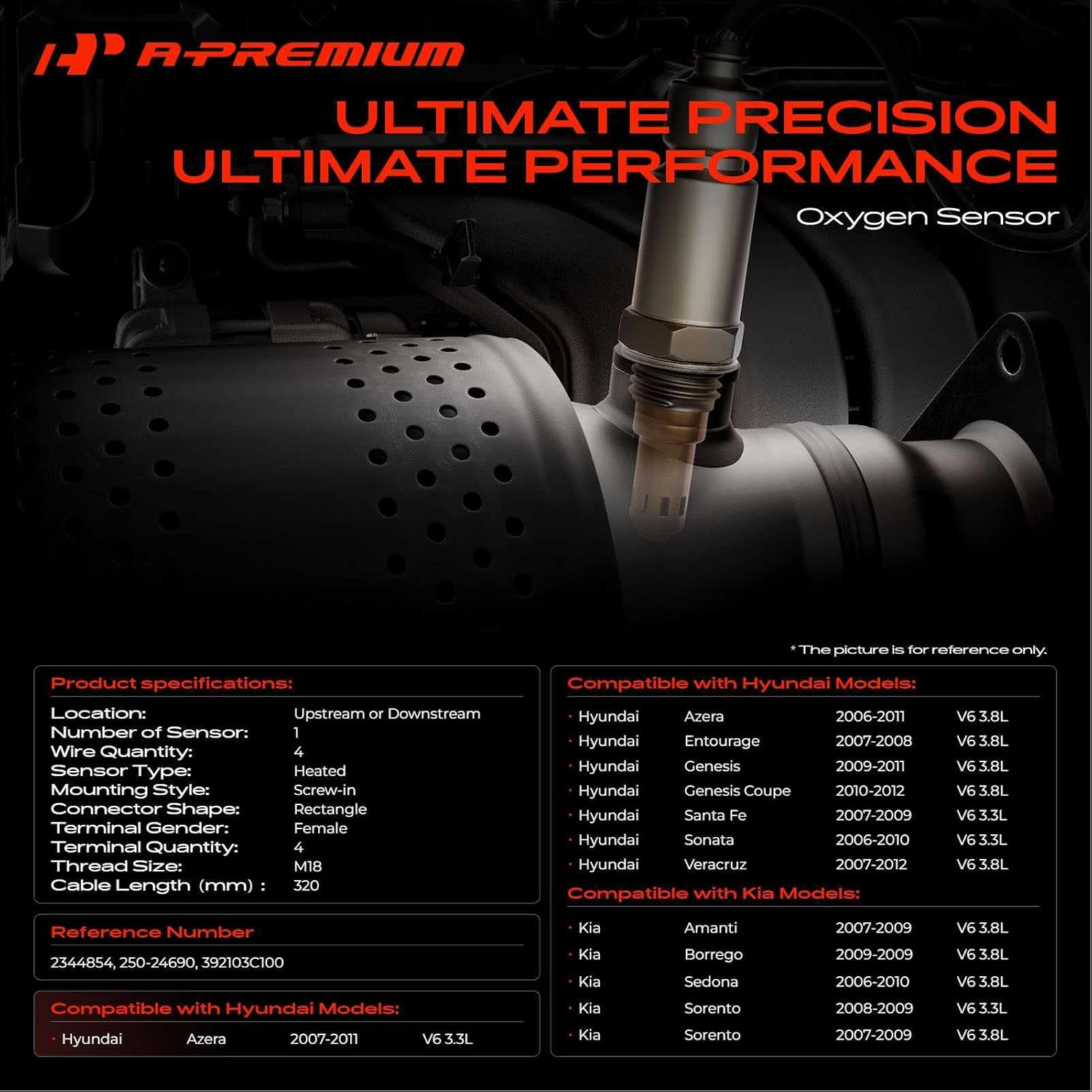 A-Premium O2 Oxygen Sensor Compatible with Hyundai Azera, Entourage, Santa Fe, Sonata, Veracruz, Genesis Coupe & Kia Amanti, Borrego, Sedona, Replace# 392103C100